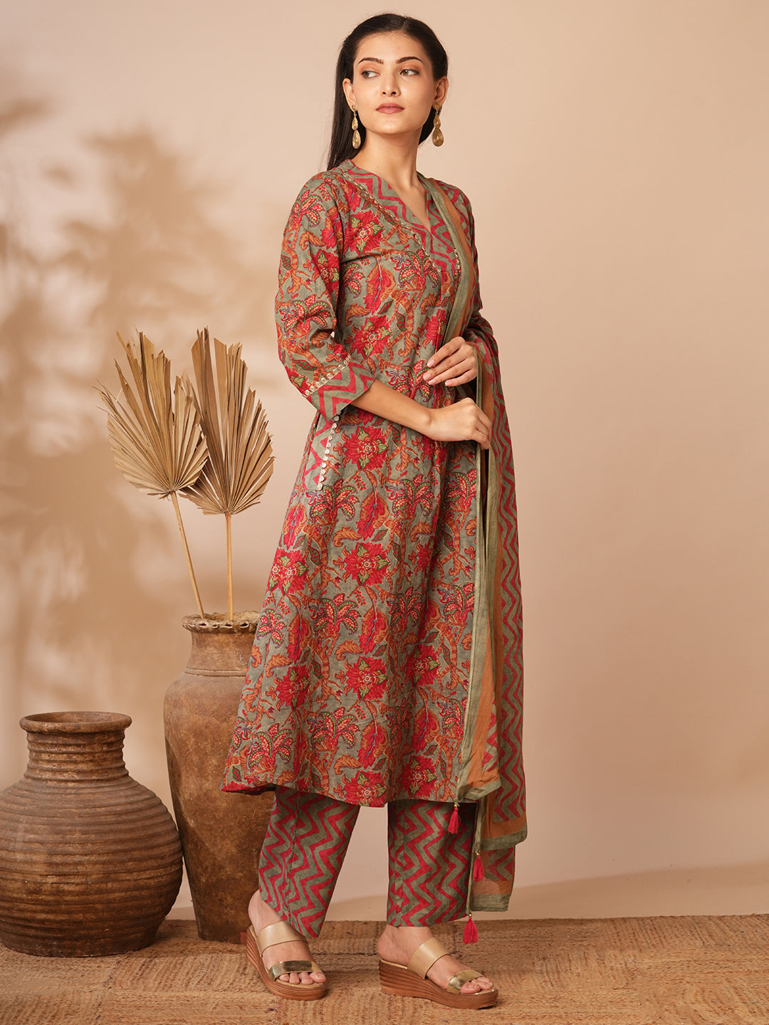 Ethnic Floral Printed & Embroidered A-Line Kurta with Palazzo and Dupatta - Grey