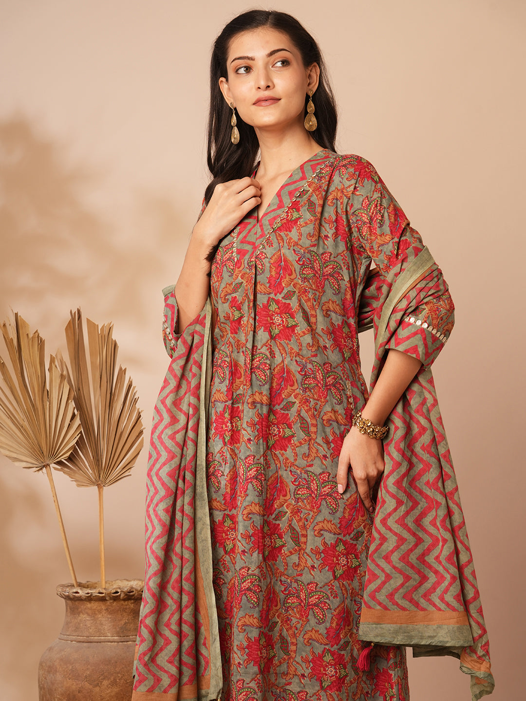Ethnic Floral Printed & Embroidered A-Line Kurta with Palazzo and Dupatta - Grey