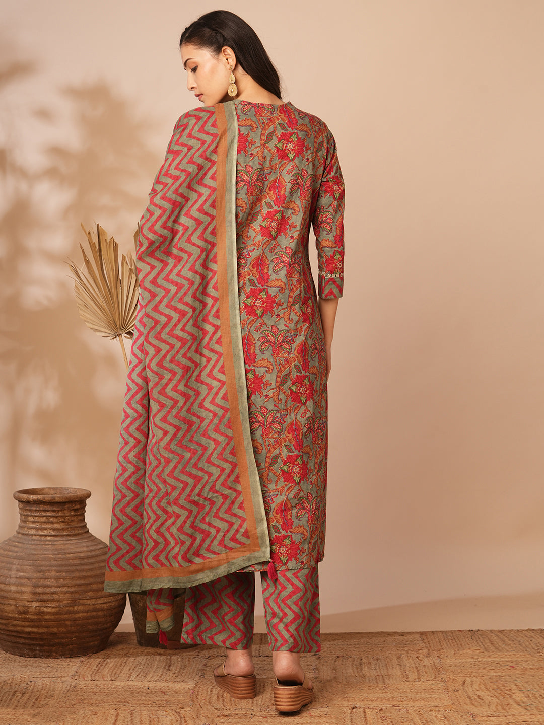 Ethnic Floral Printed & Embroidered A-Line Kurta with Palazzo and Dupatta - Grey