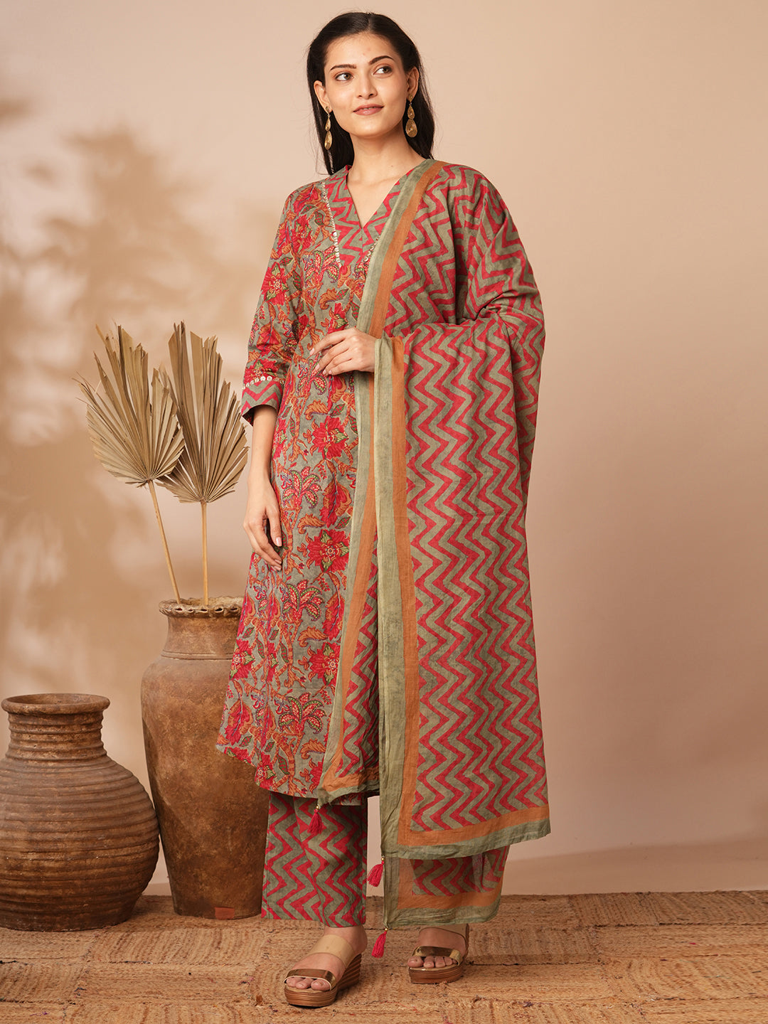 Ethnic Floral Printed & Embroidered A-Line Kurta with Palazzo and Dupatta - Grey
