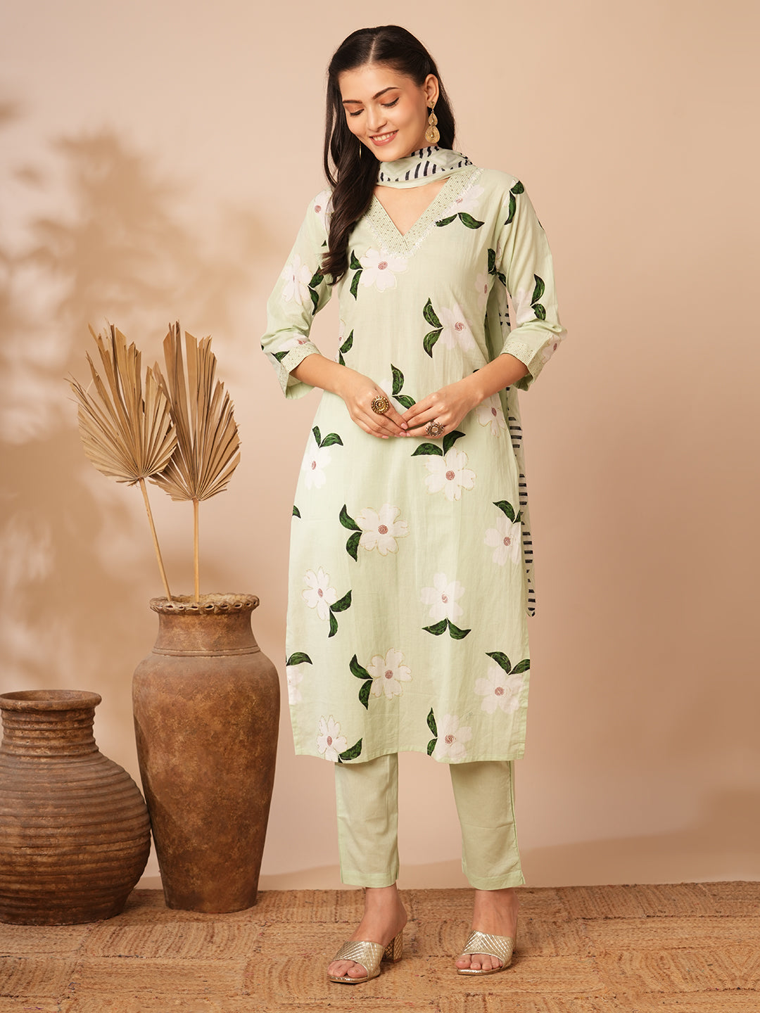 Floral Printed & Embroidered Straight Kurta with Pant & Dupatta - Mint Green