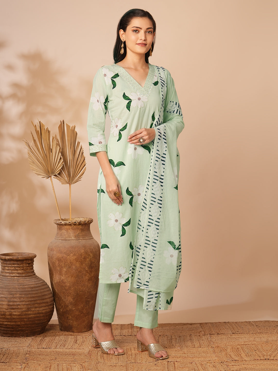 Floral Printed & Embroidered Straight Kurta with Pant & Dupatta - Mint Green