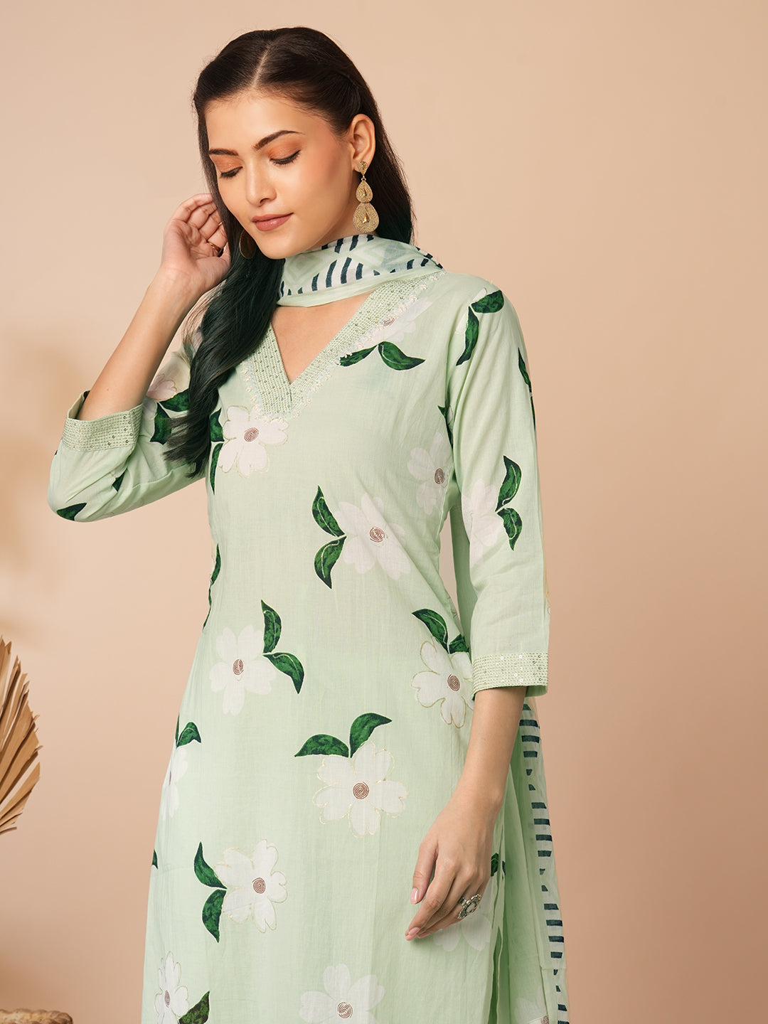 Floral Printed & Embroidered Straight Kurta with Pant & Dupatta - Mint Green