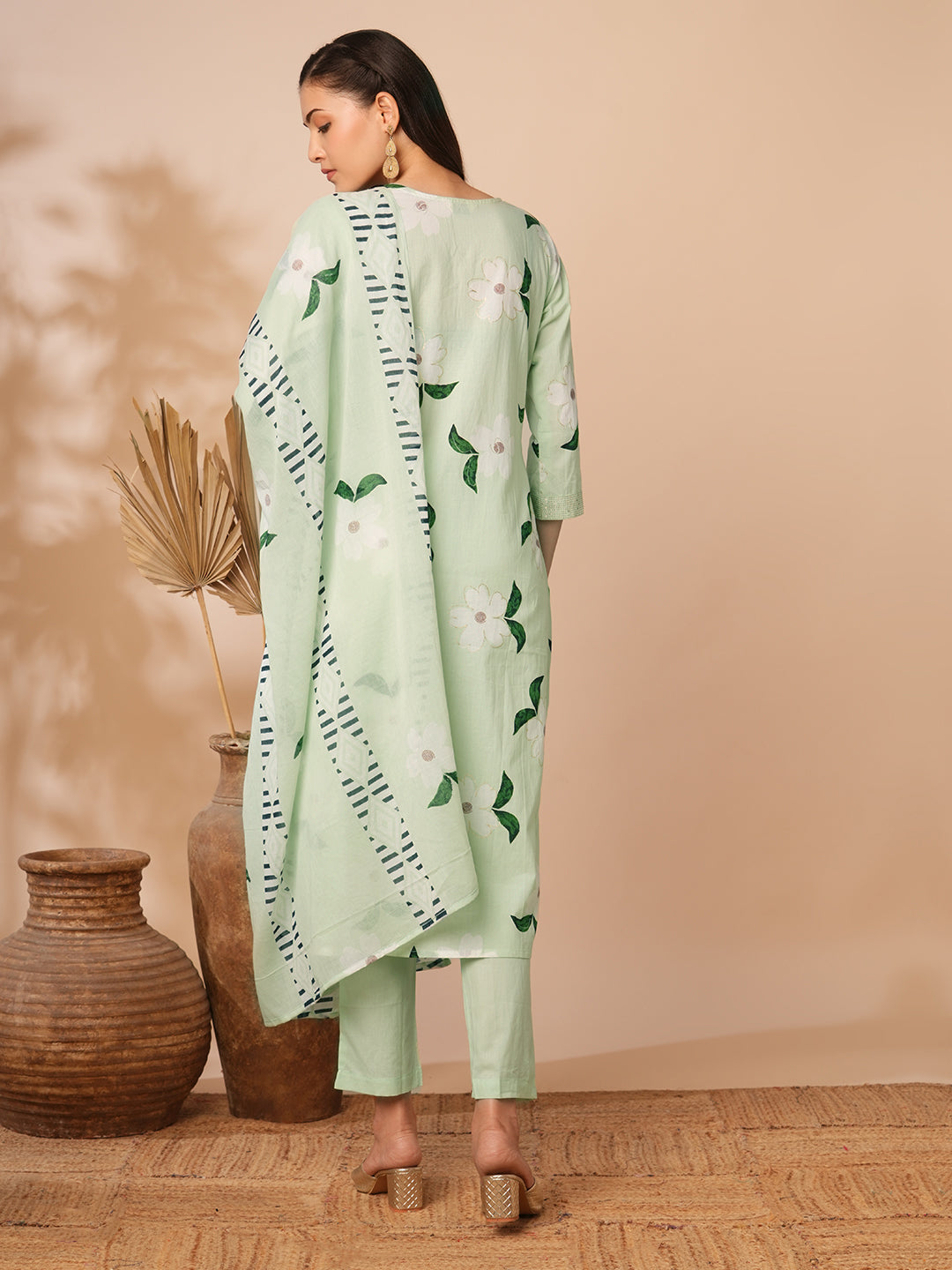 Floral Printed & Embroidered Straight Kurta with Pant & Dupatta - Mint Green