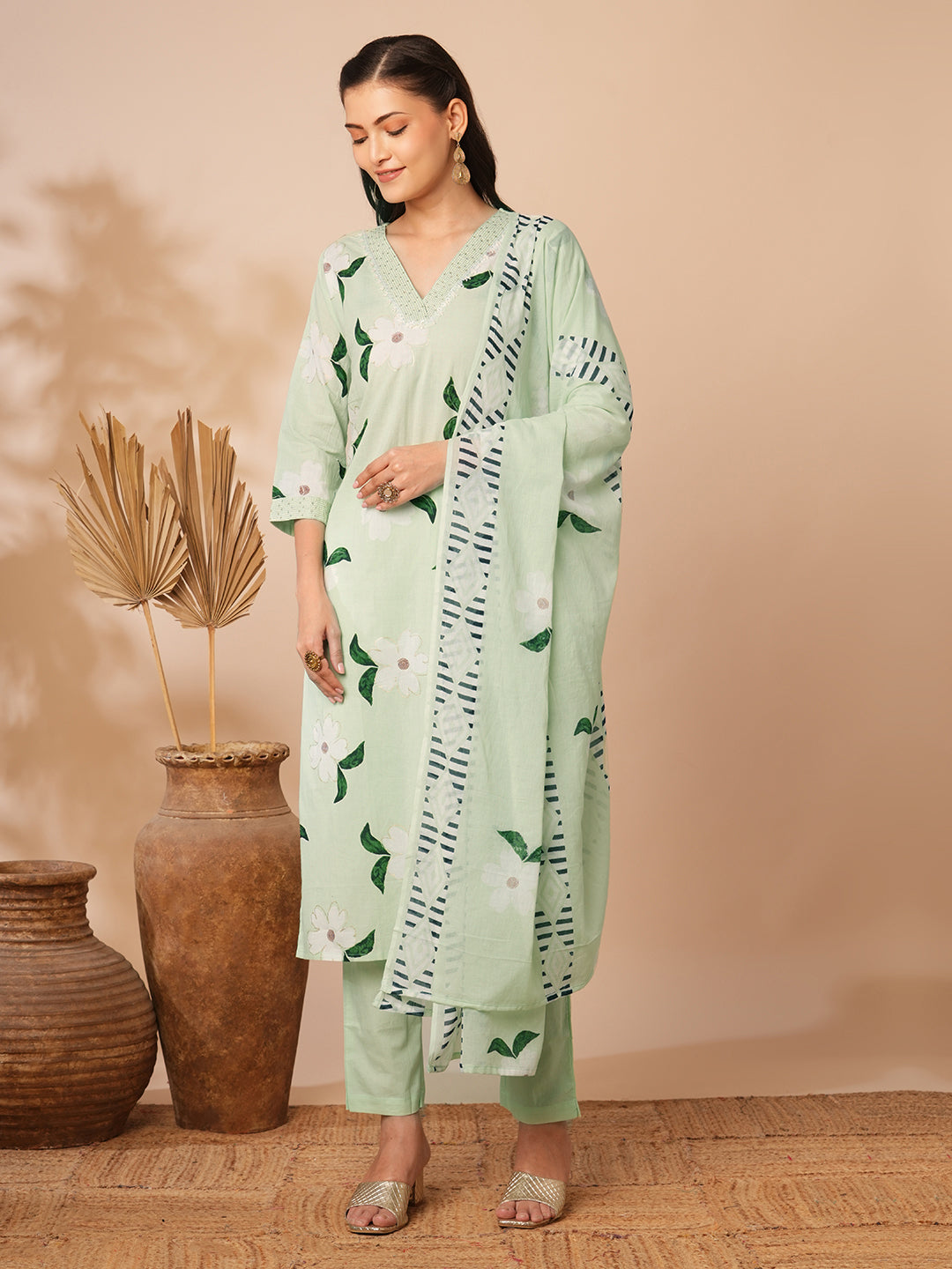 Floral Printed & Embroidered Straight Kurta with Pant & Dupatta - Mint Green