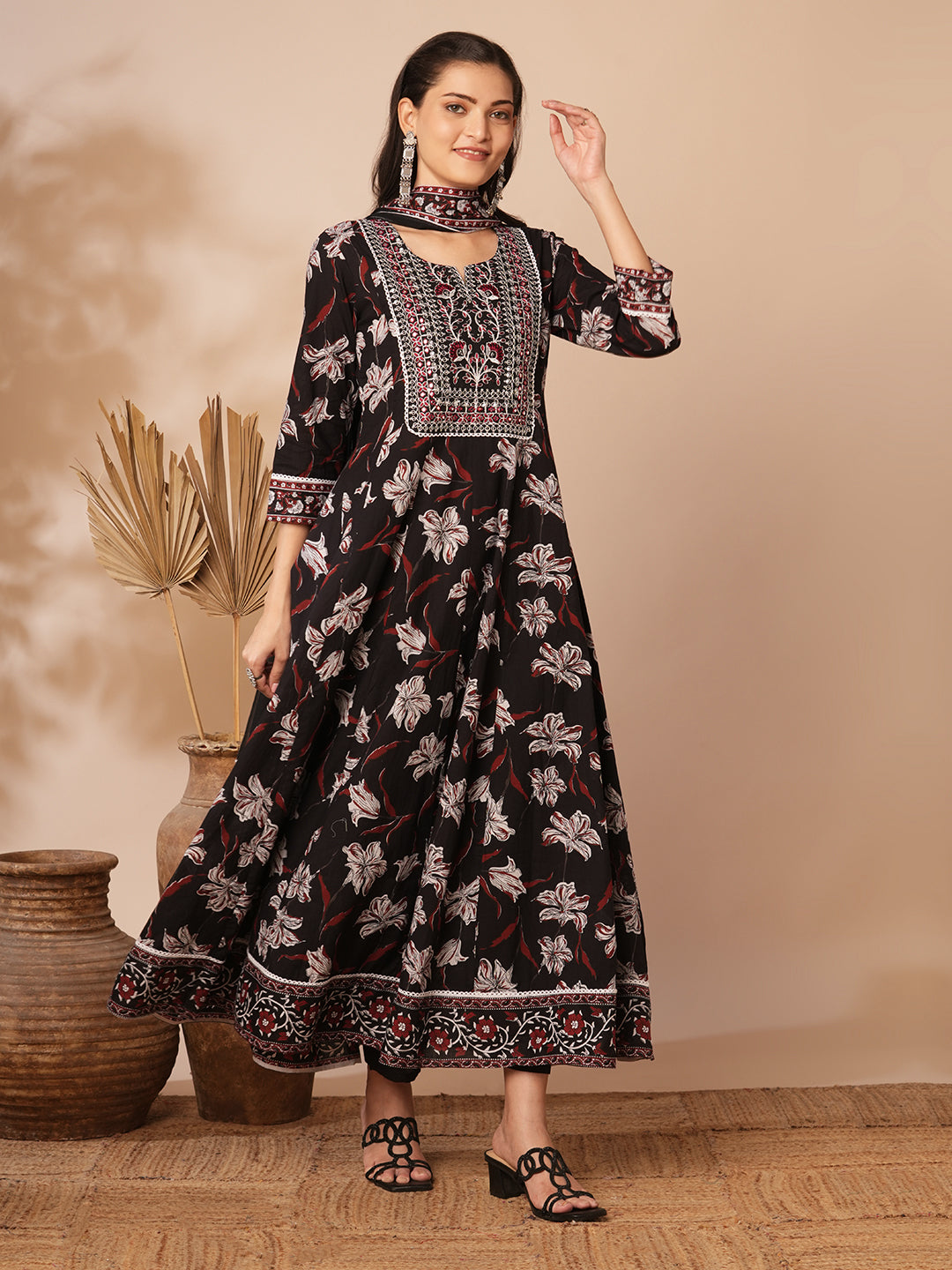 Floral Printed Embroidered Anarkali Flared Kurta with Pant and Dupatta - Black