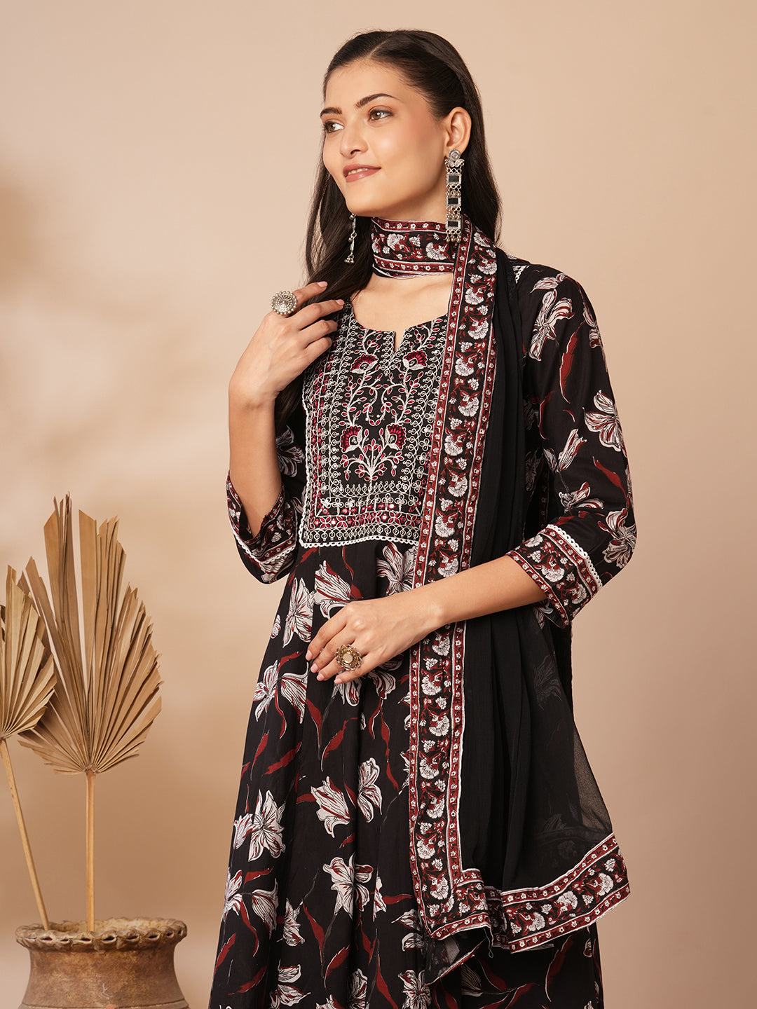 Floral Printed Embroidered Anarkali Flared Kurta with Pant and Dupatta - Black
