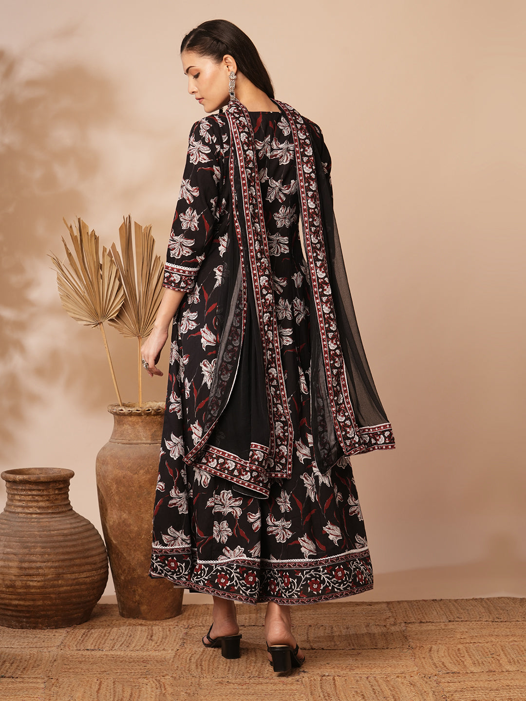 Floral Printed Embroidered Anarkali Flared Kurta with Pant and Dupatta - Black