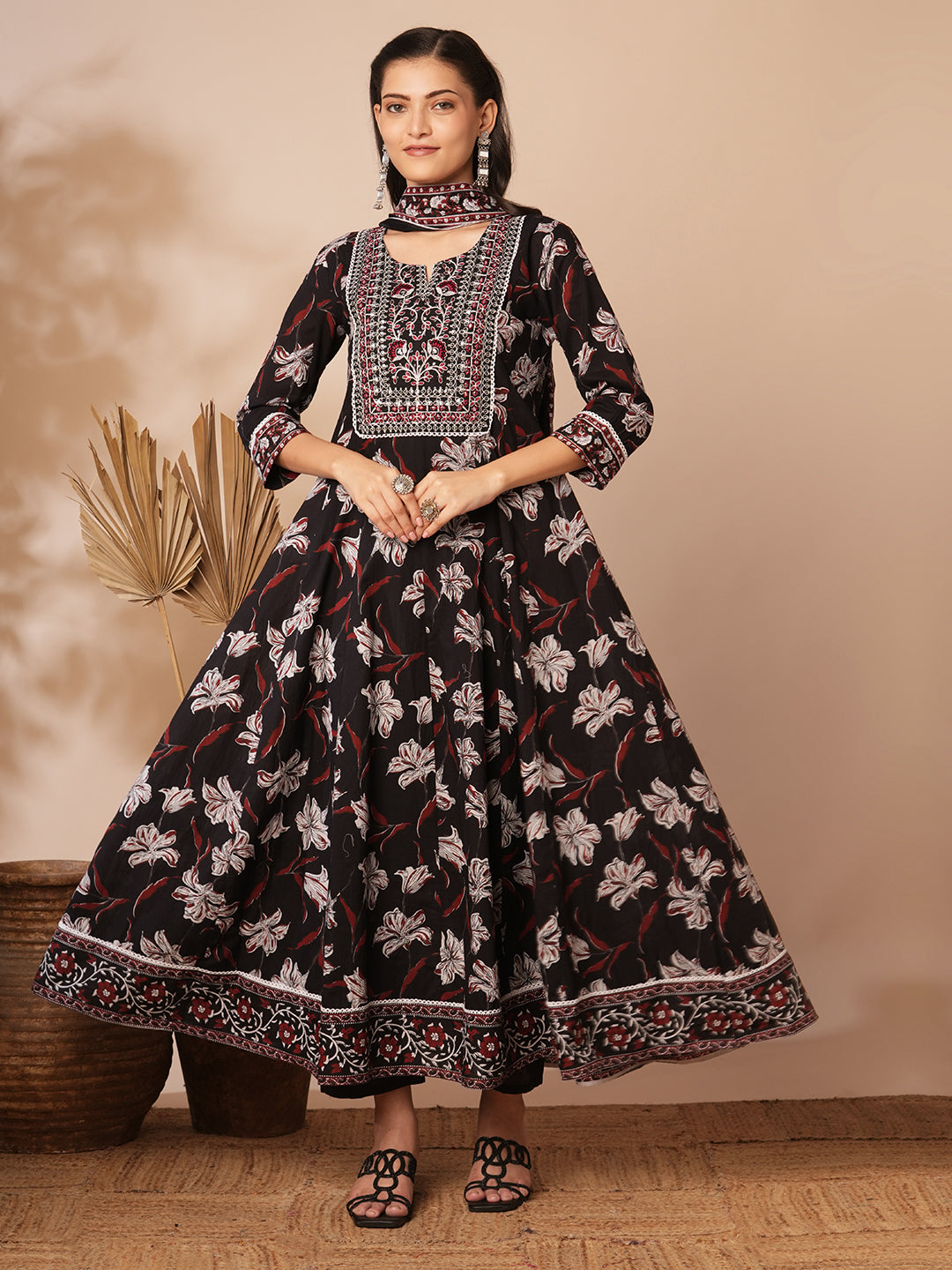 Floral Printed Embroidered Anarkali Flared Kurta with Pant and Dupatta - Black