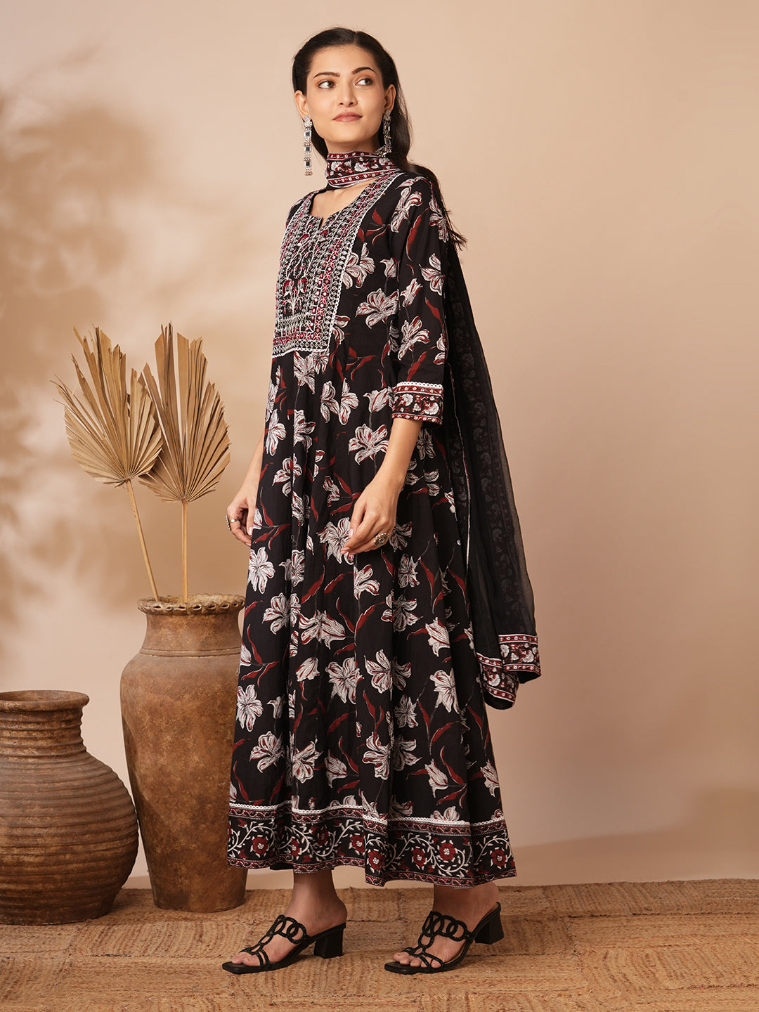 Floral Printed Embroidered Anarkali Flared Kurta with Pant and Dupatta - Black