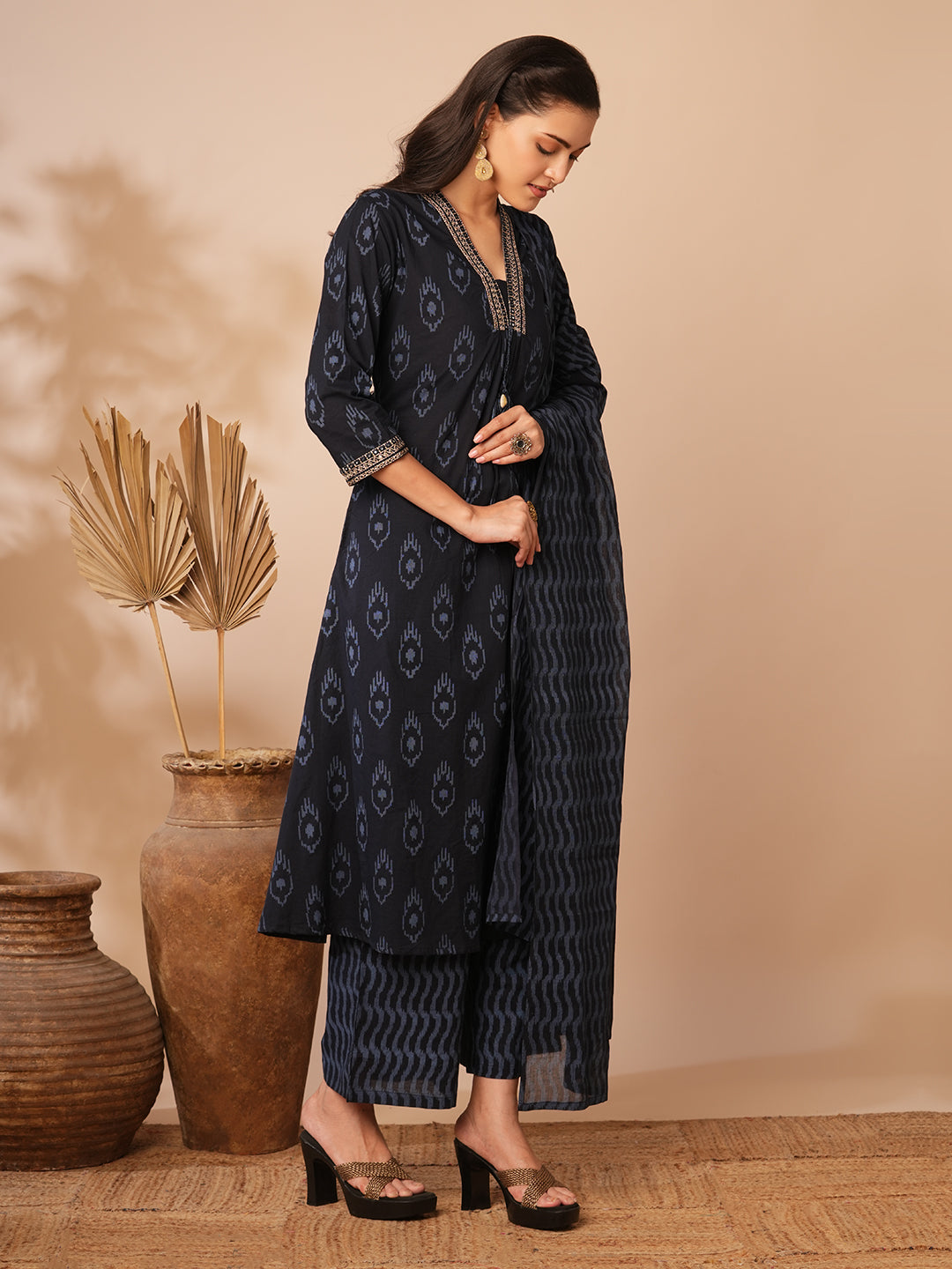 Ethnic Ikat Printed & Embroidered A-Line Kurta with Pant & Dupatta - Blue
