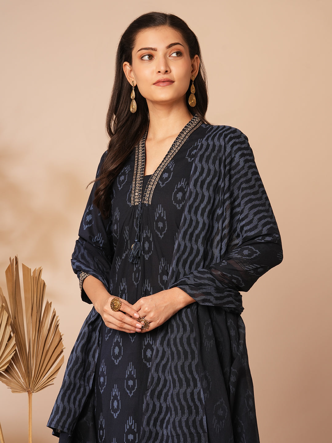 Ethnic Ikat Printed & Embroidered A-Line Kurta with Pant & Dupatta - Blue