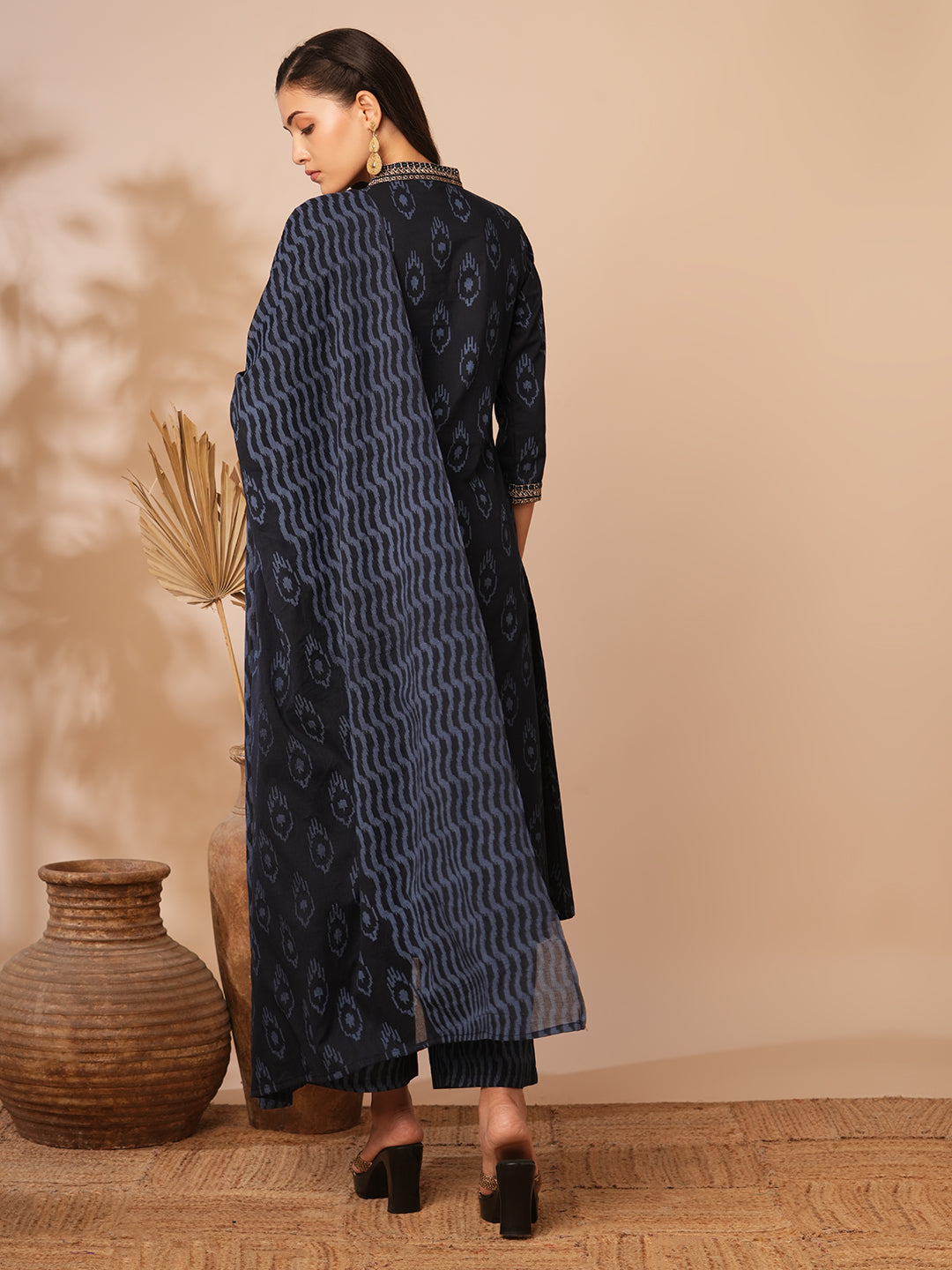 Ethnic Ikat Printed & Embroidered A-Line Kurta with Pant & Dupatta - Blue