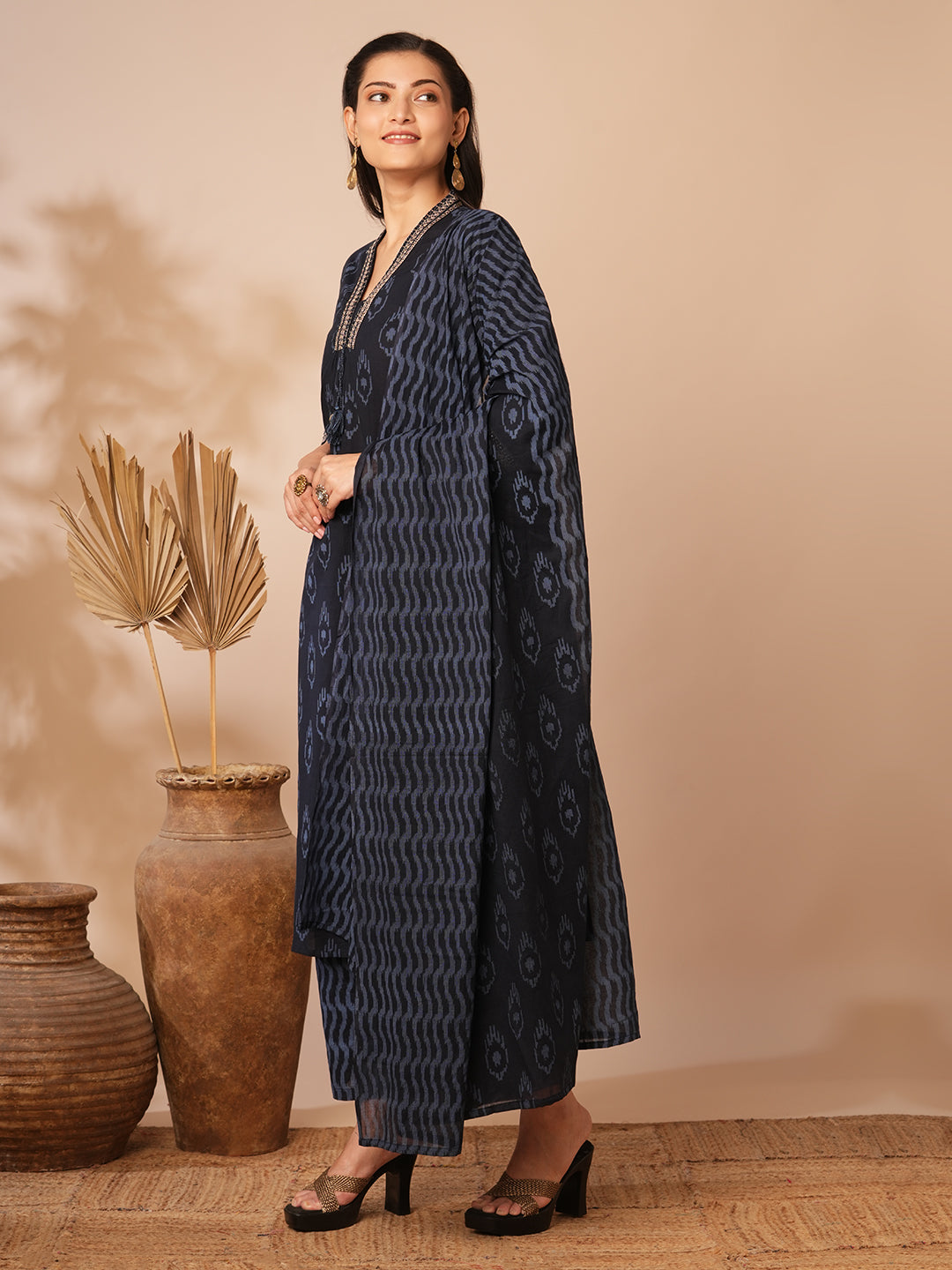 Ethnic Ikat Printed & Embroidered A-Line Kurta with Pant & Dupatta - Blue