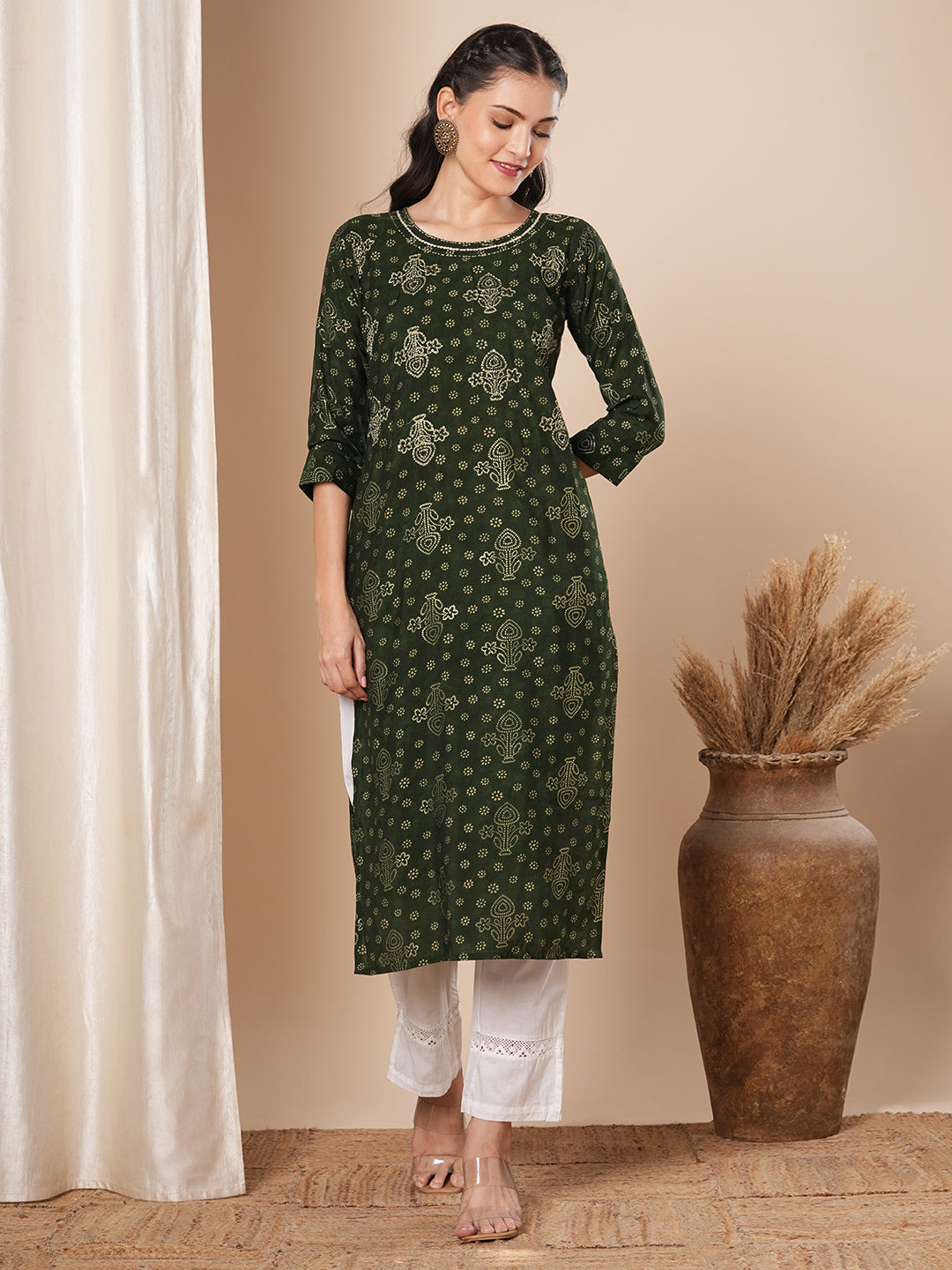 Floral Foil Printed & Embroidered Straight Fit Kurta - Green