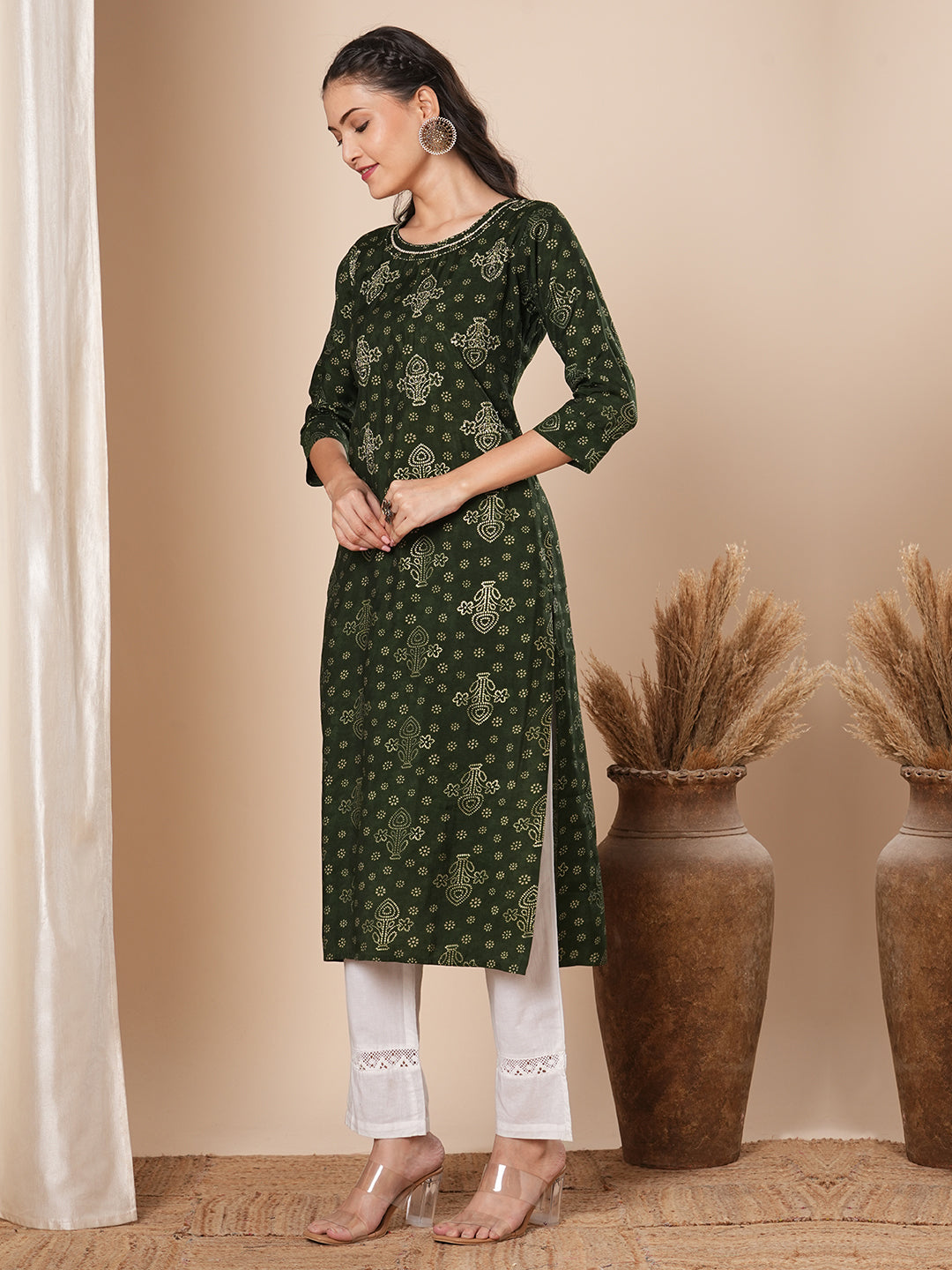 Floral Foil Printed & Embroidered Straight Fit Kurta - Green