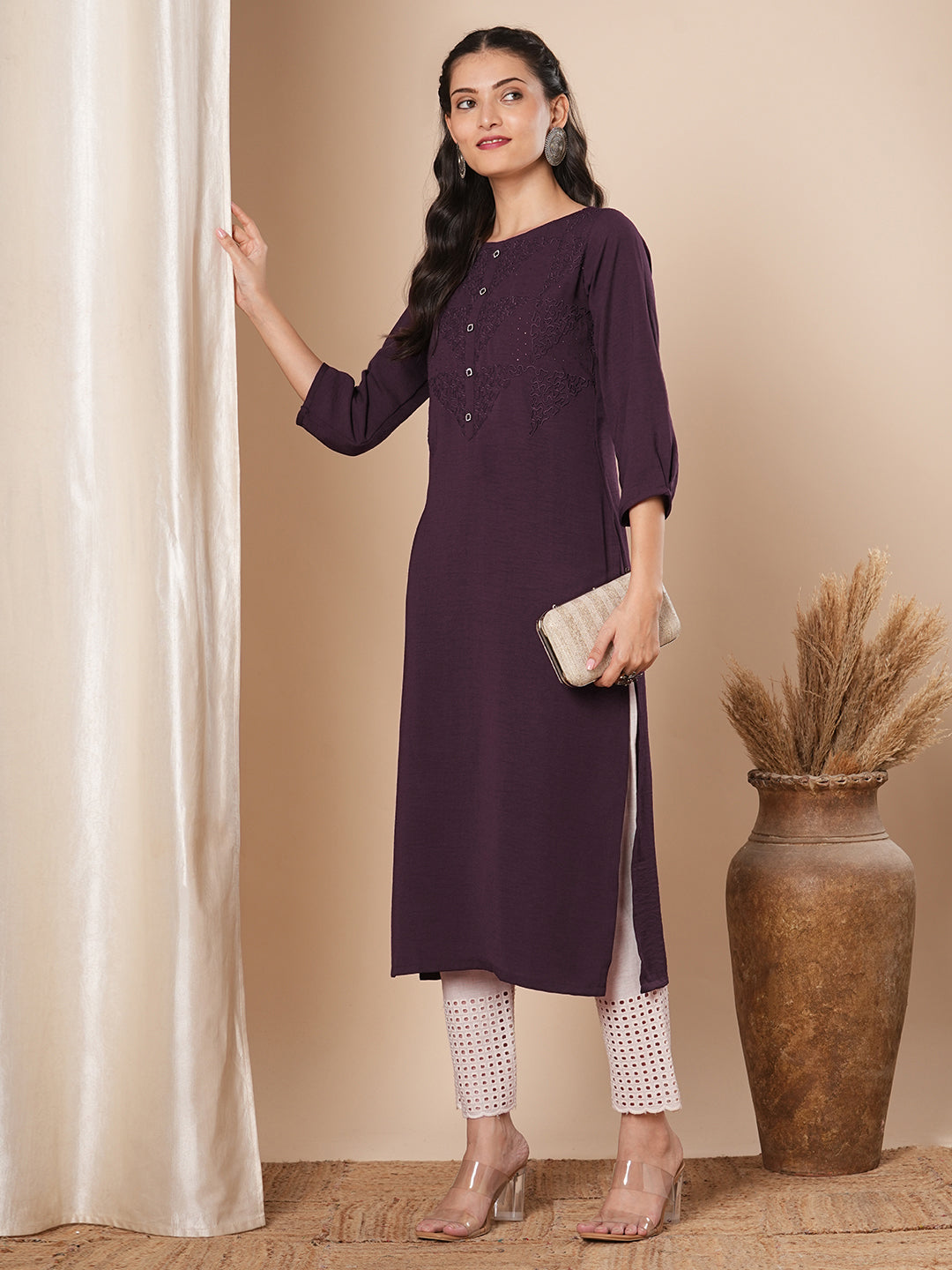 Solid Floral Embroidered Straight Fit Kurta - Burgundy