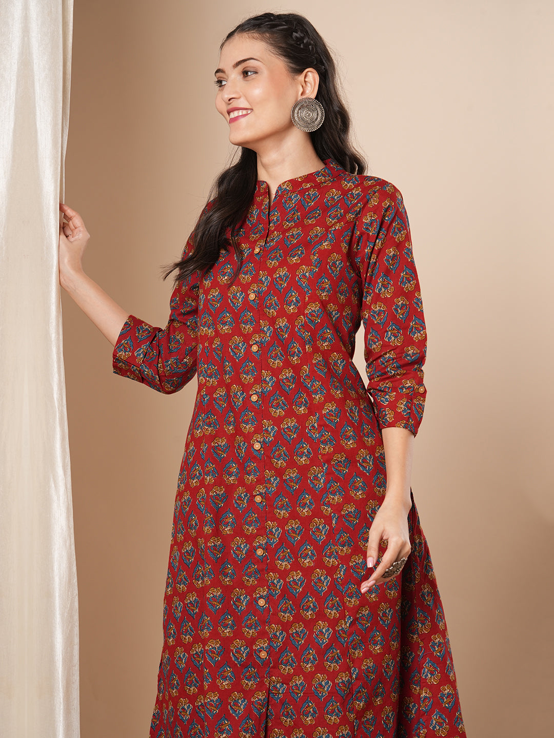 Ethnic Floral Printed A-Line Kurta - Rust