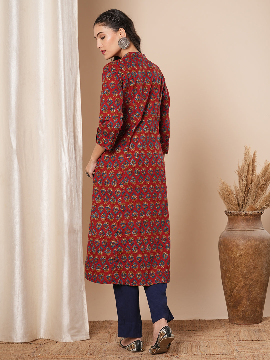 Ethnic Floral Printed A-Line Kurta - Rust