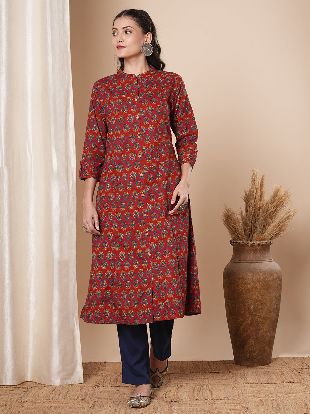 Ethnic Floral Printed A-Line Kurta - Rust