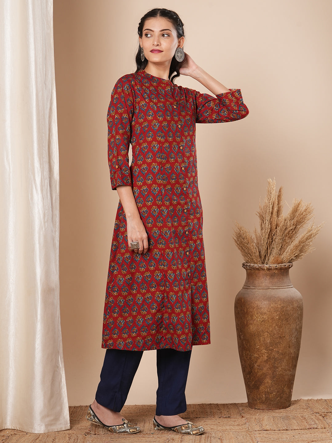 Ethnic Floral Printed A-Line Kurta - Rust