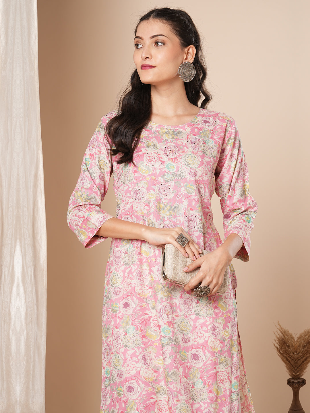 Abstract Floral Printed & Embroidered Straight Fit Kurta - Pink