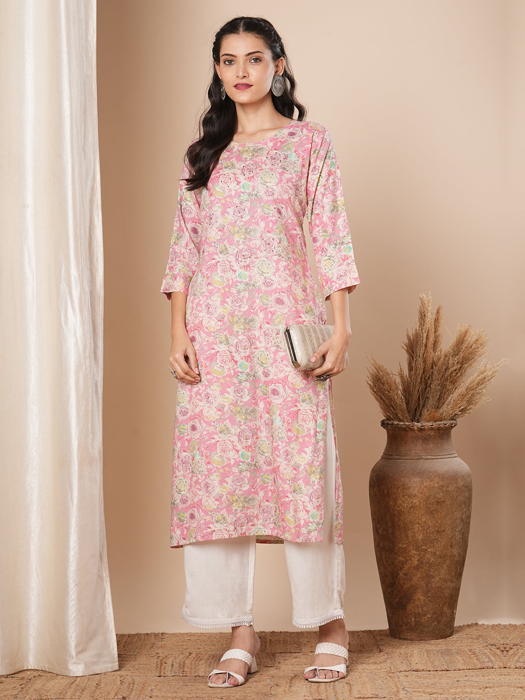 Abstract Floral Printed & Embroidered Straight Fit Kurta - Pink