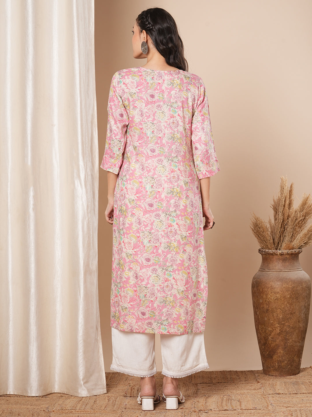 Abstract Floral Printed & Embroidered Straight Fit Kurta - Pink