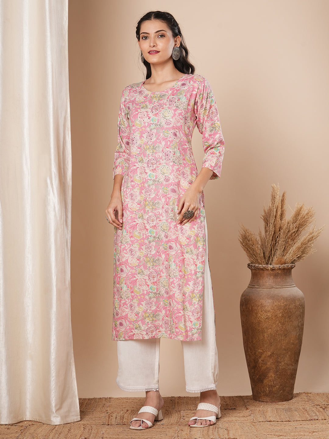 Abstract Floral Printed & Embroidered Straight Fit Kurta - Pink
