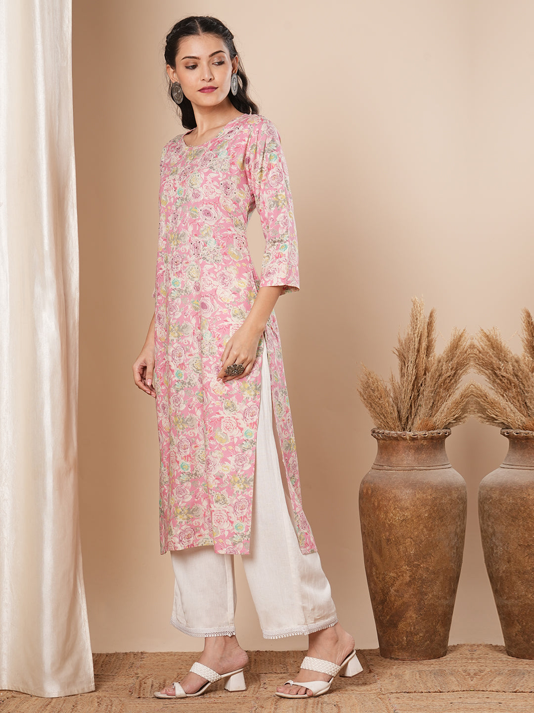 Abstract Floral Printed & Embroidered Straight Fit Kurta - Pink
