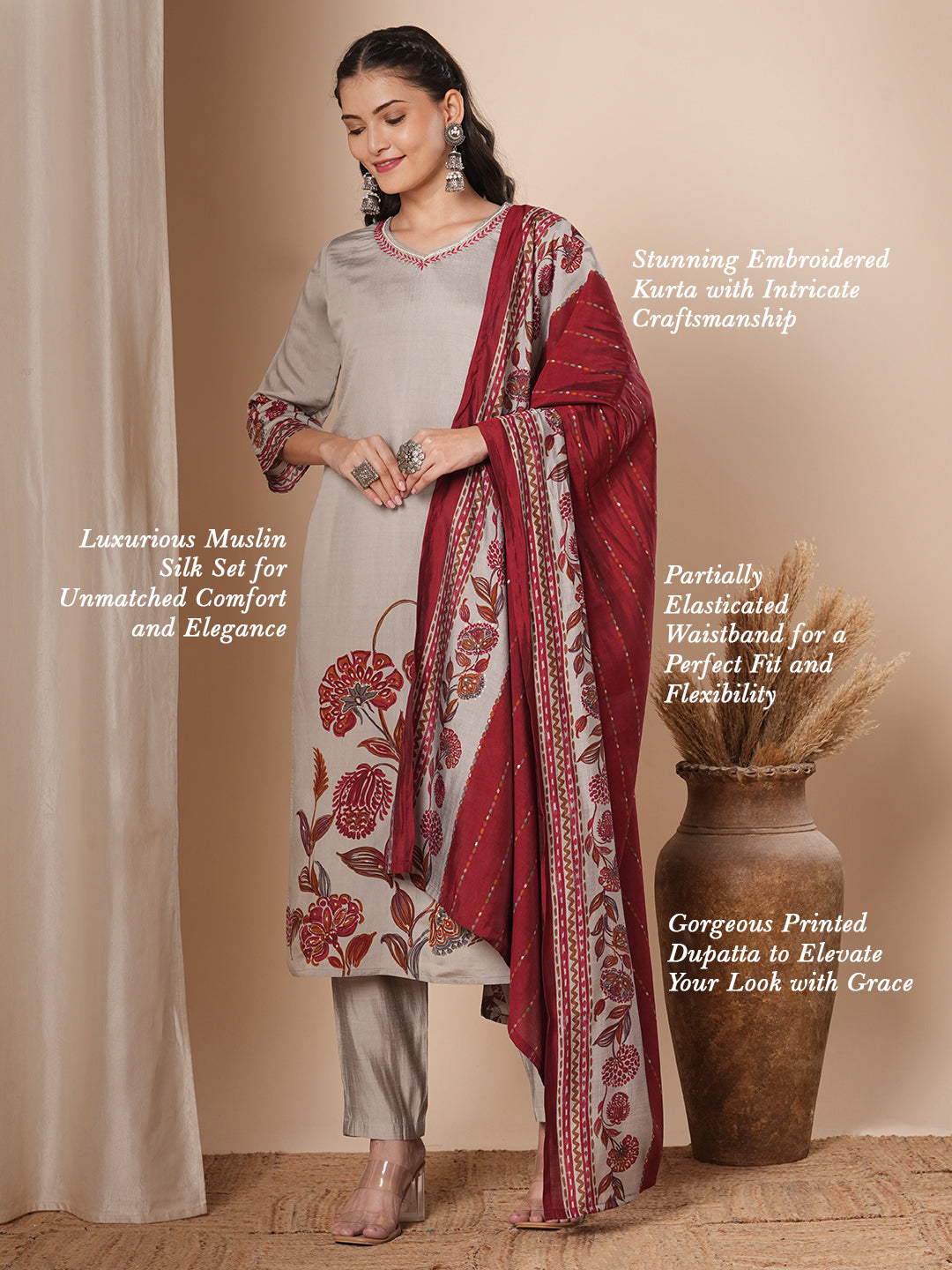 Ethnic Floral Printed & Embroidered Straight Kurta with Pant & Dupatta - Grey