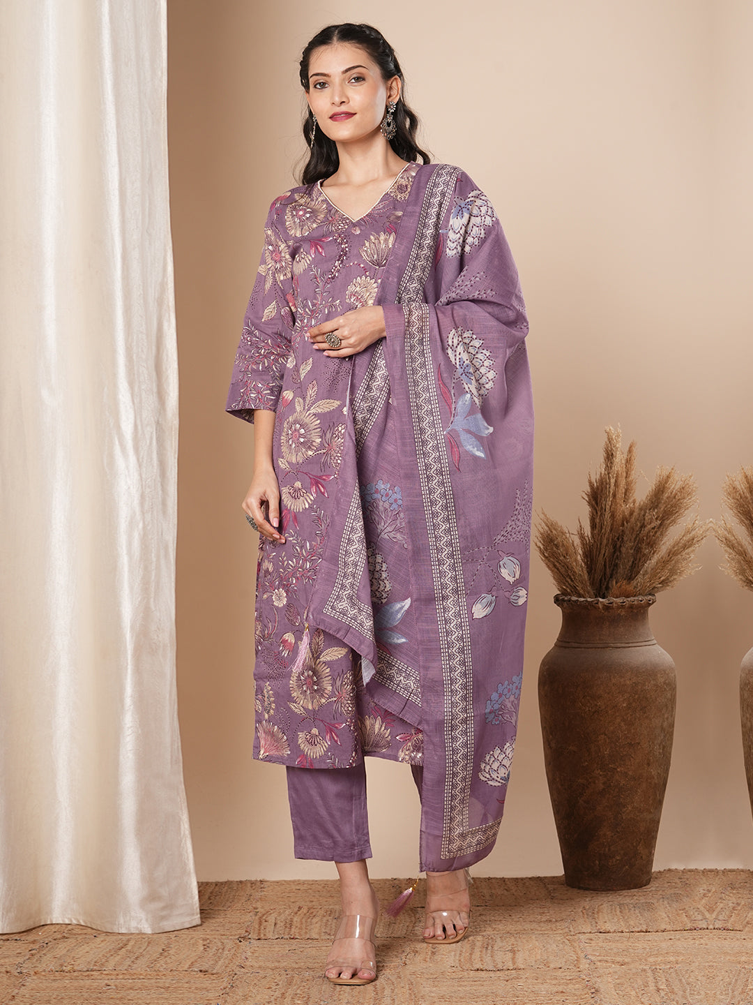 Ethnic Printed & Embroidered Straight Kurta with Pant & Dupatta - Lavender