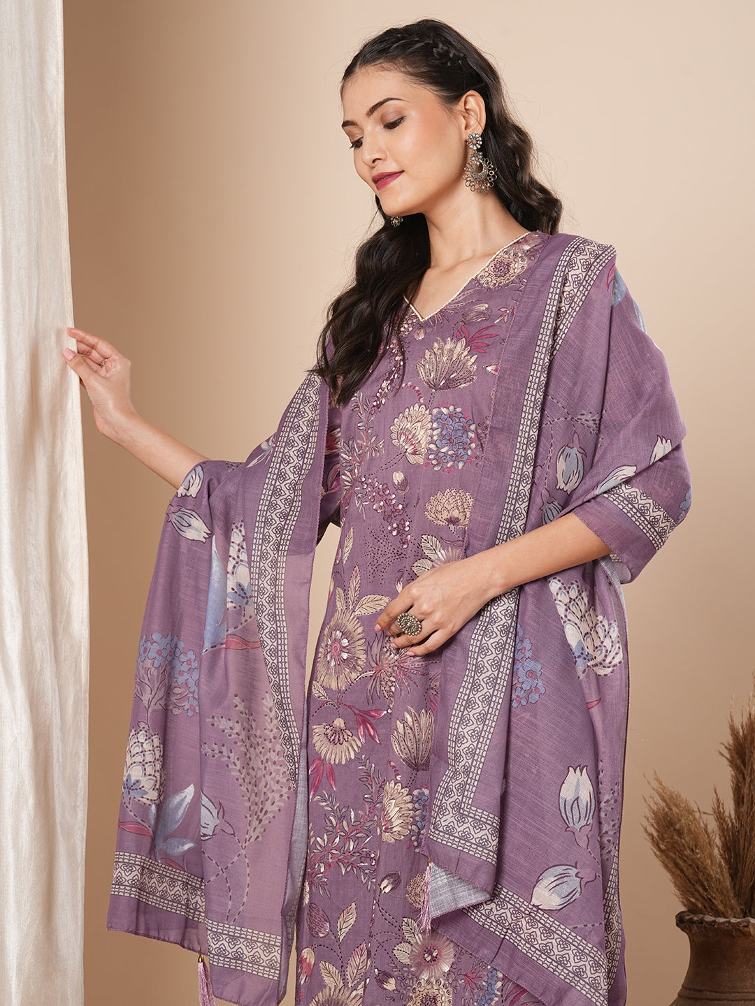 Ethnic Printed & Embroidered Straight Kurta with Pant & Dupatta - Lavender