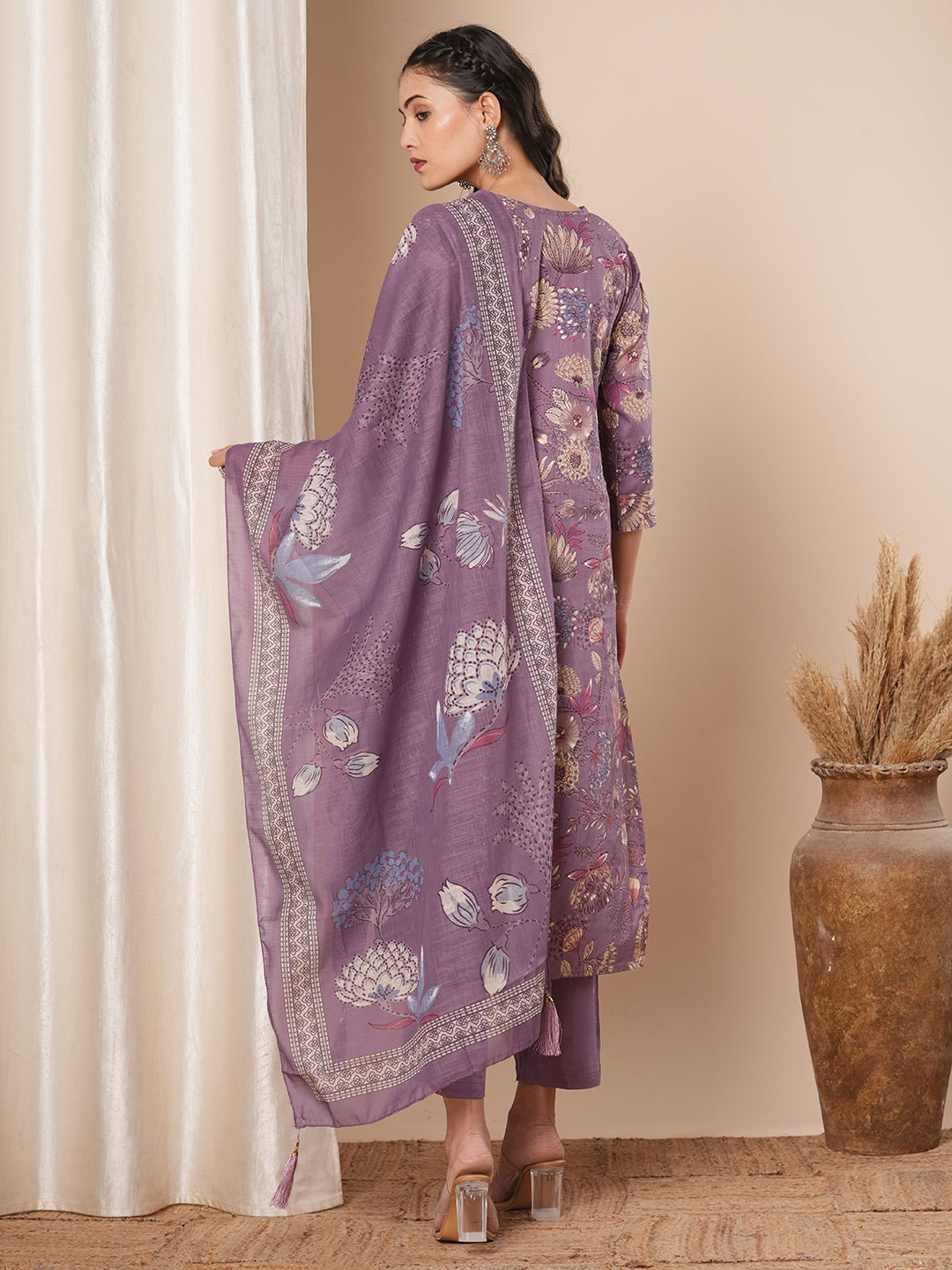 Ethnic Printed & Embroidered Straight Kurta with Pant & Dupatta - Lavender