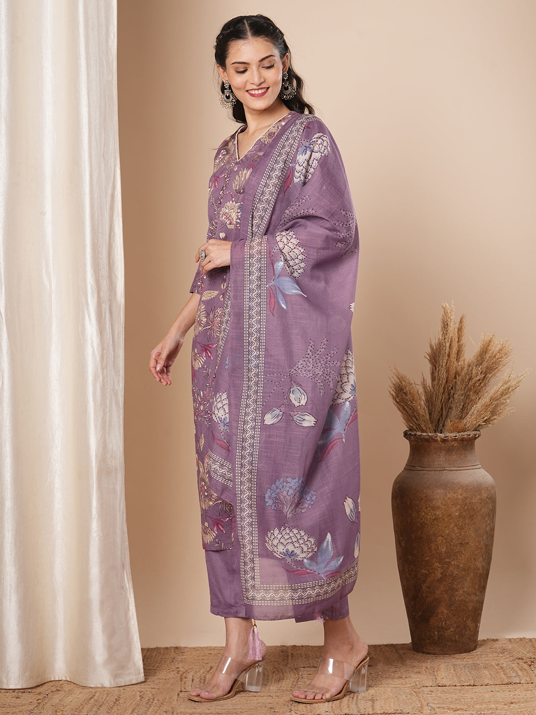 Ethnic Printed & Embroidered Straight Kurta with Pant & Dupatta - Lavender