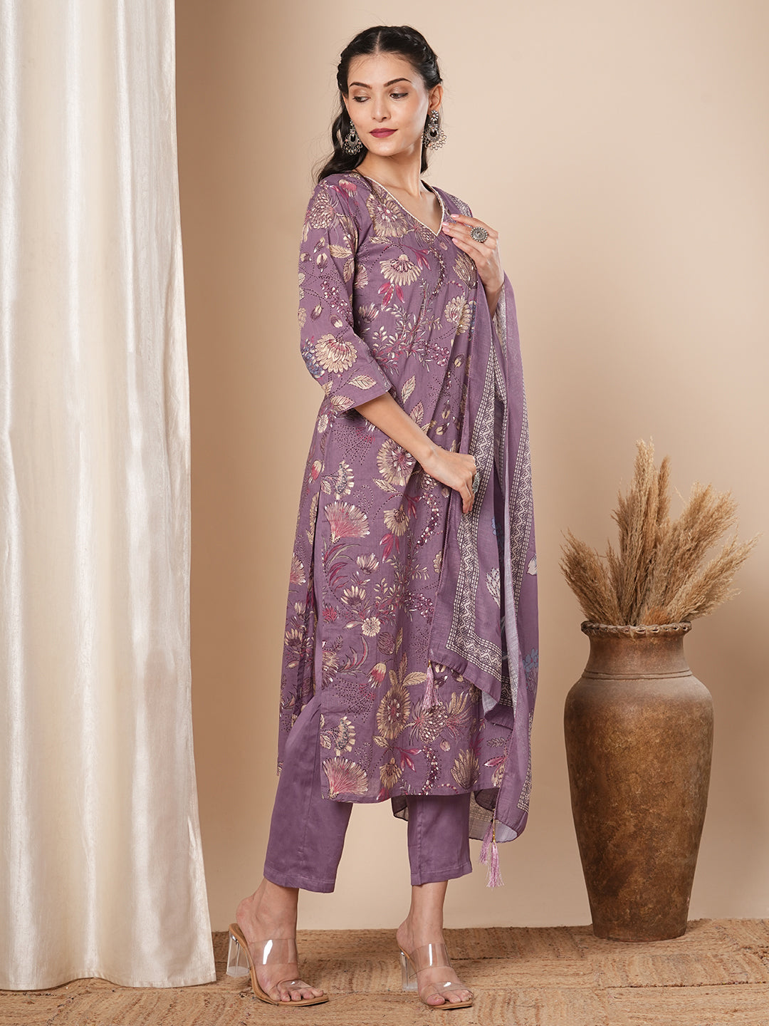 Ethnic Printed & Embroidered Straight Kurta with Pant & Dupatta - Lavender