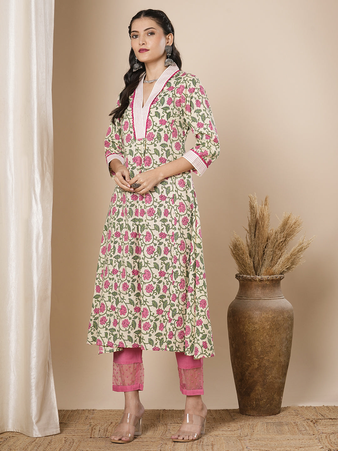 Ethnic Floral Printed A-Line Flared Midi Dress- Cream