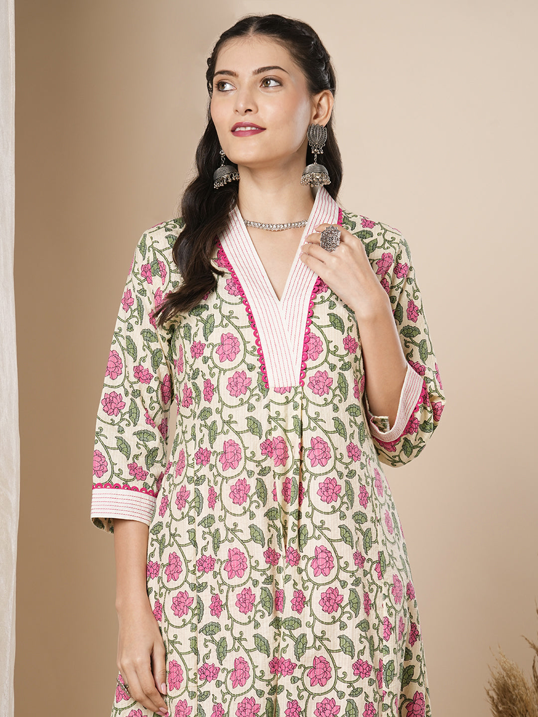 Ethnic Floral Printed A-Line Flared Midi Dress- Cream