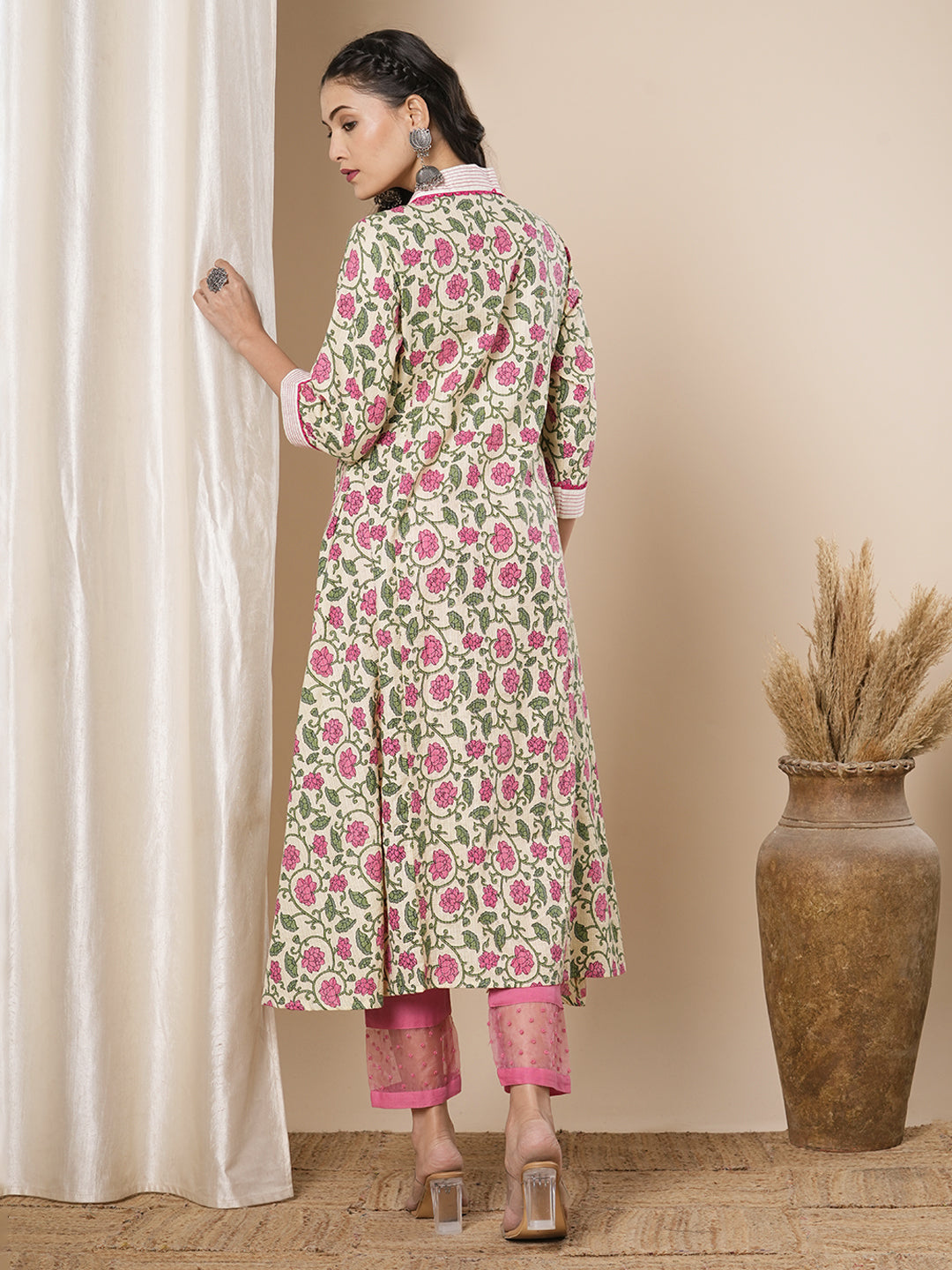 Ethnic Floral Printed A-Line Flared Midi Dress- Cream