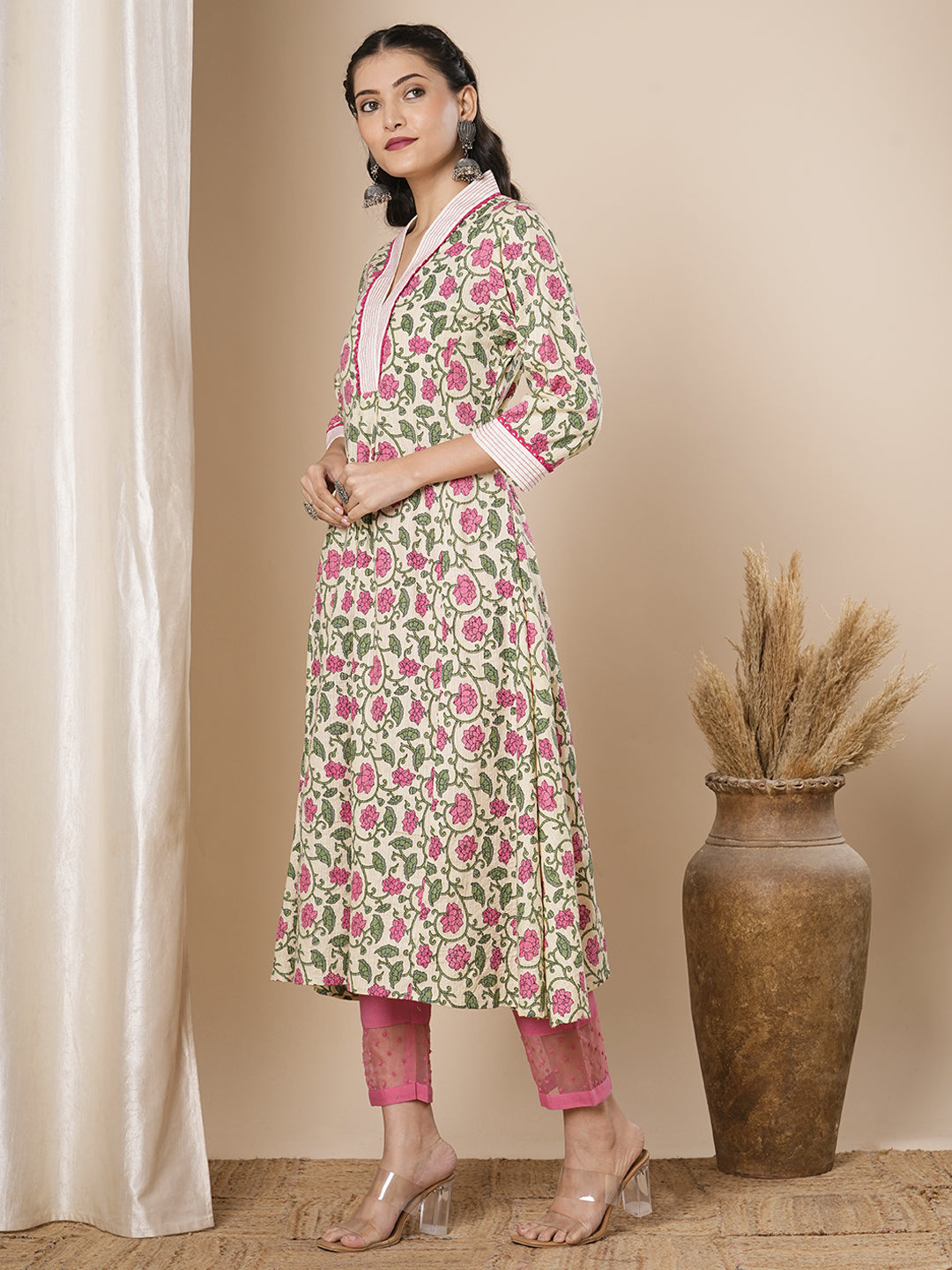 Ethnic Floral Printed A-Line Flared Midi Dress- Cream