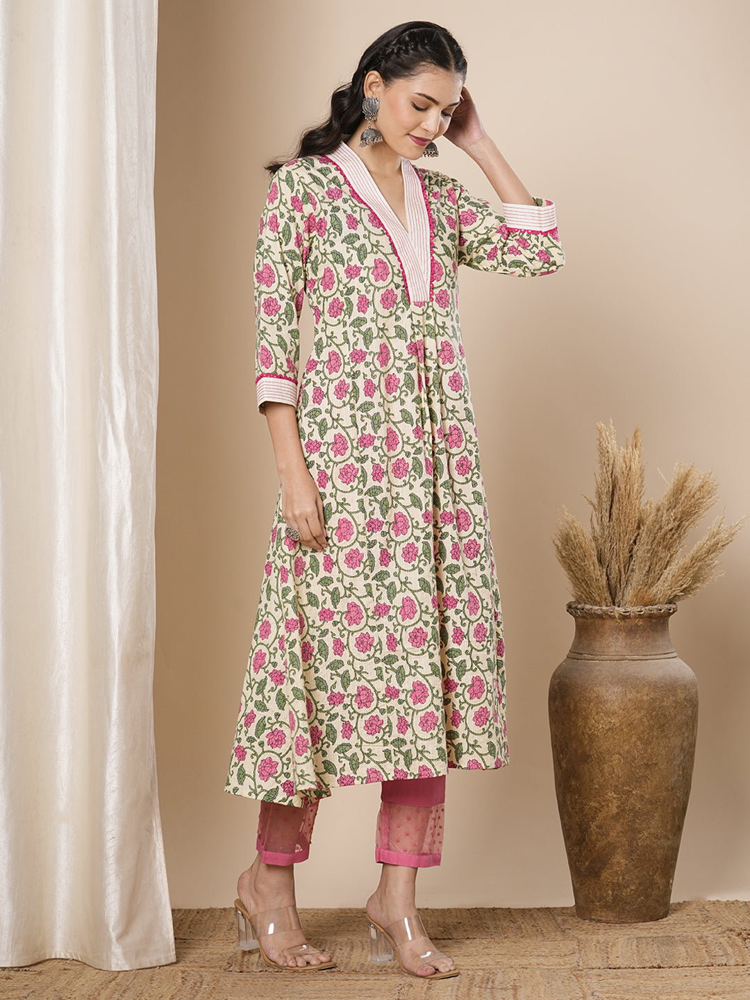 Ethnic Floral Printed A-Line Flared Midi Dress- Cream