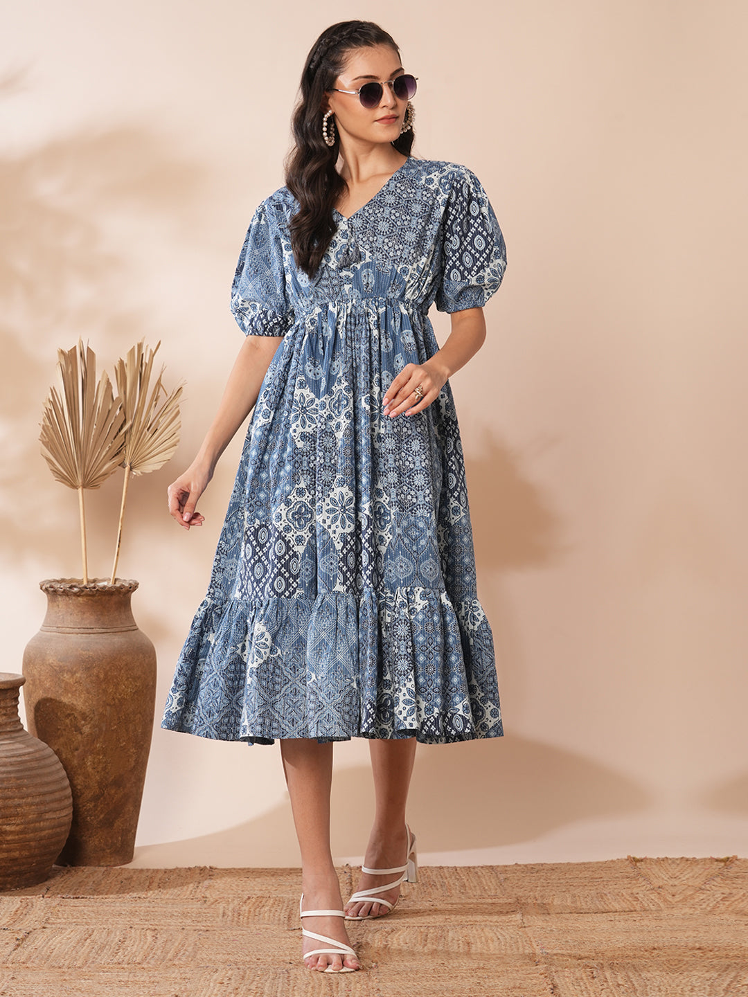 Ethnic Floral Printed A-Line Pleated Midi Dress - Blue