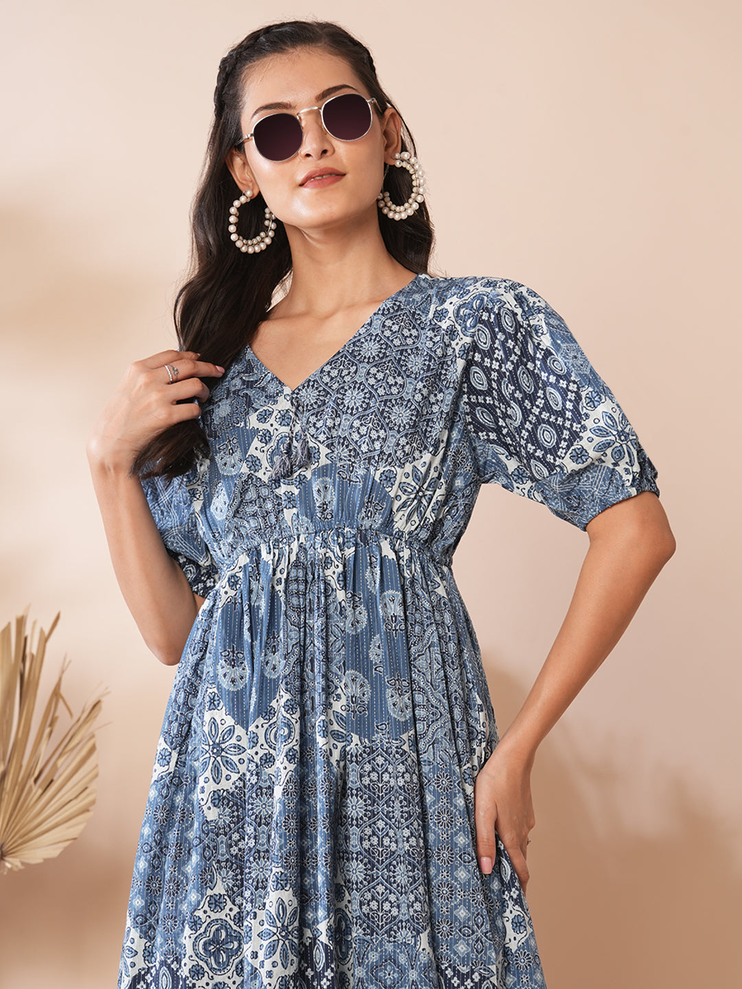 Ethnic Floral Printed A-Line Pleated Midi Dress - Blue