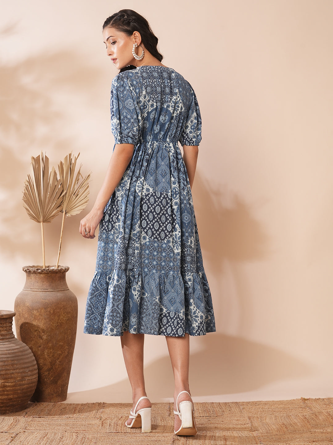 Ethnic Floral Printed A-Line Pleated Midi Dress - Blue