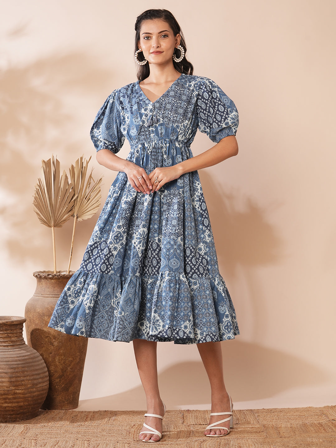 Ethnic Floral Printed A-Line Pleated Midi Dress - Blue