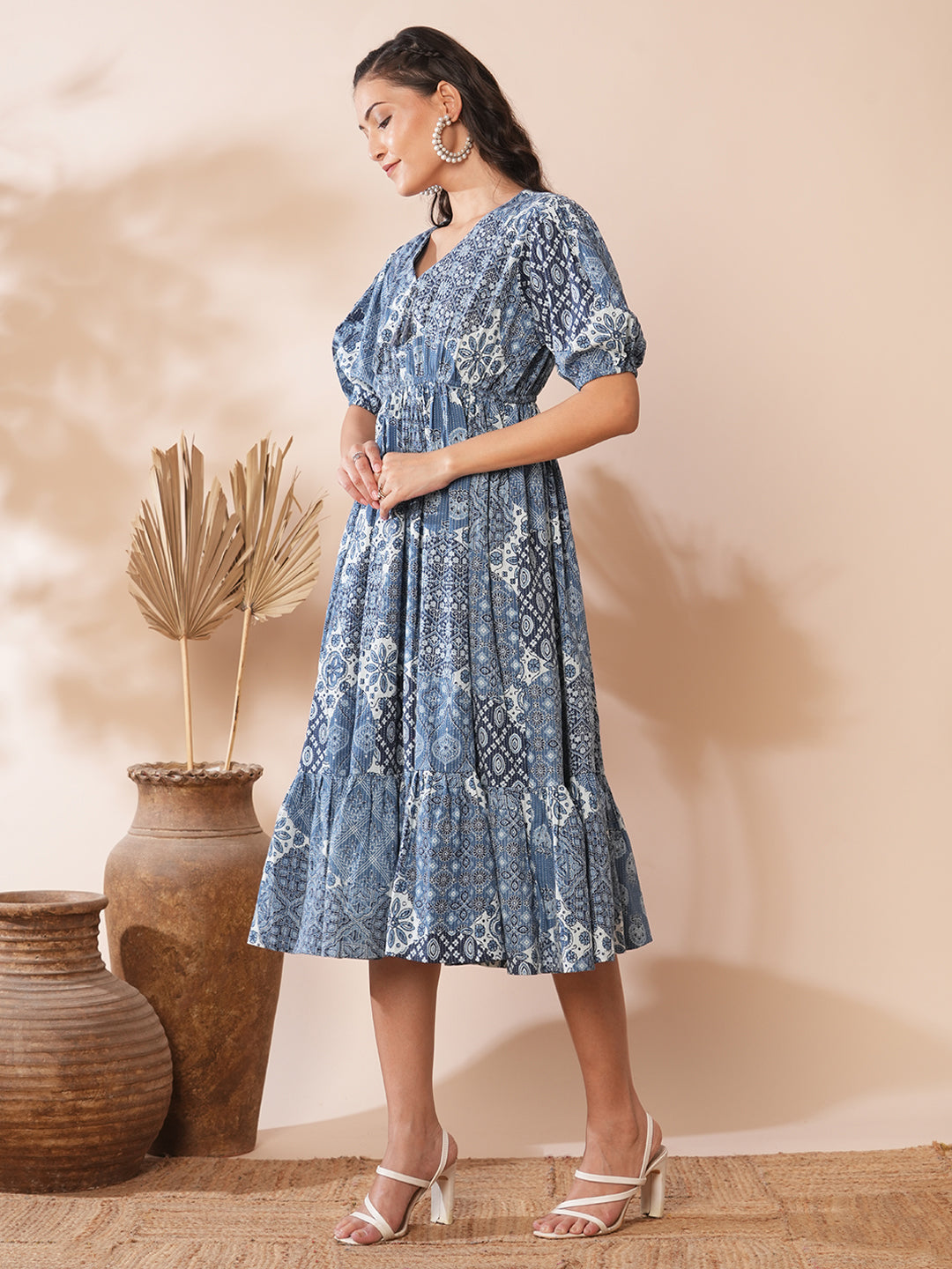 Ethnic Floral Printed A-Line Pleated Midi Dress - Blue