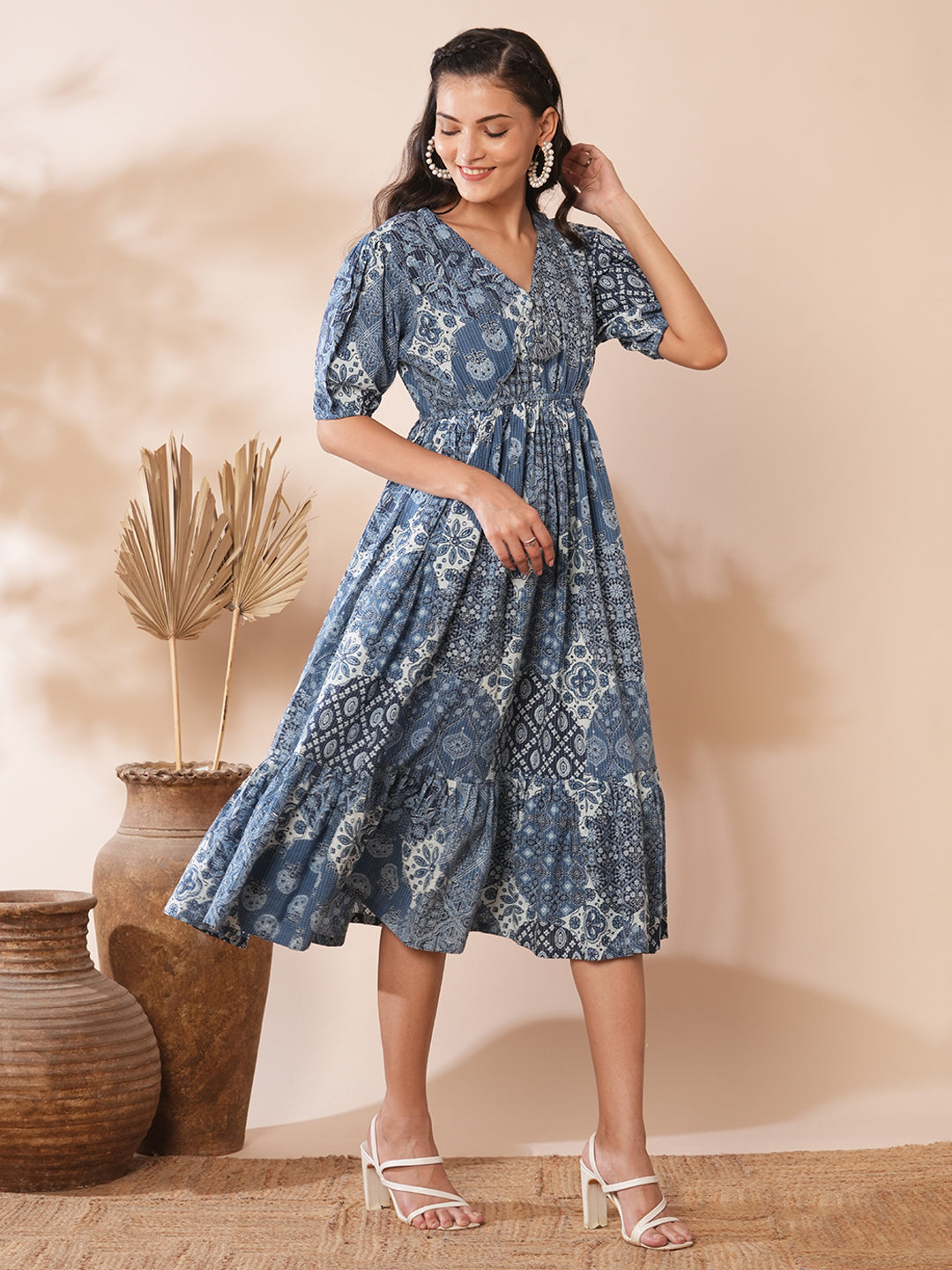 Ethnic Floral Printed A-Line Pleated Midi Dress - Blue