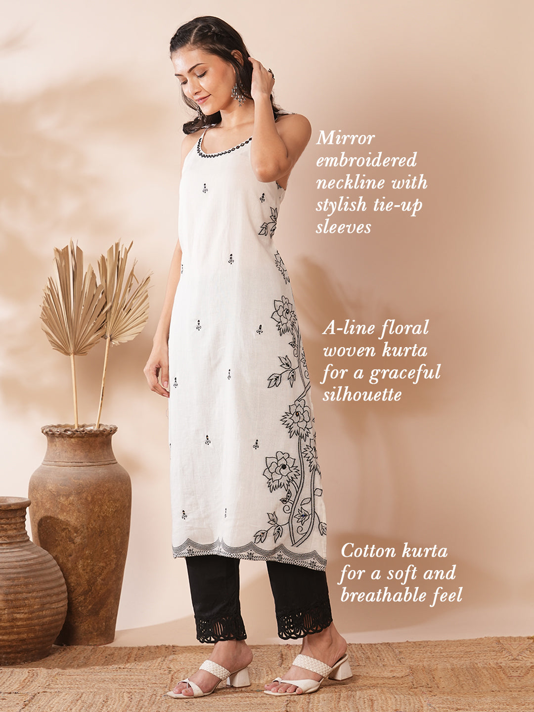 Ethnic Floral Woven A-Line Embroidered Kurta - White
