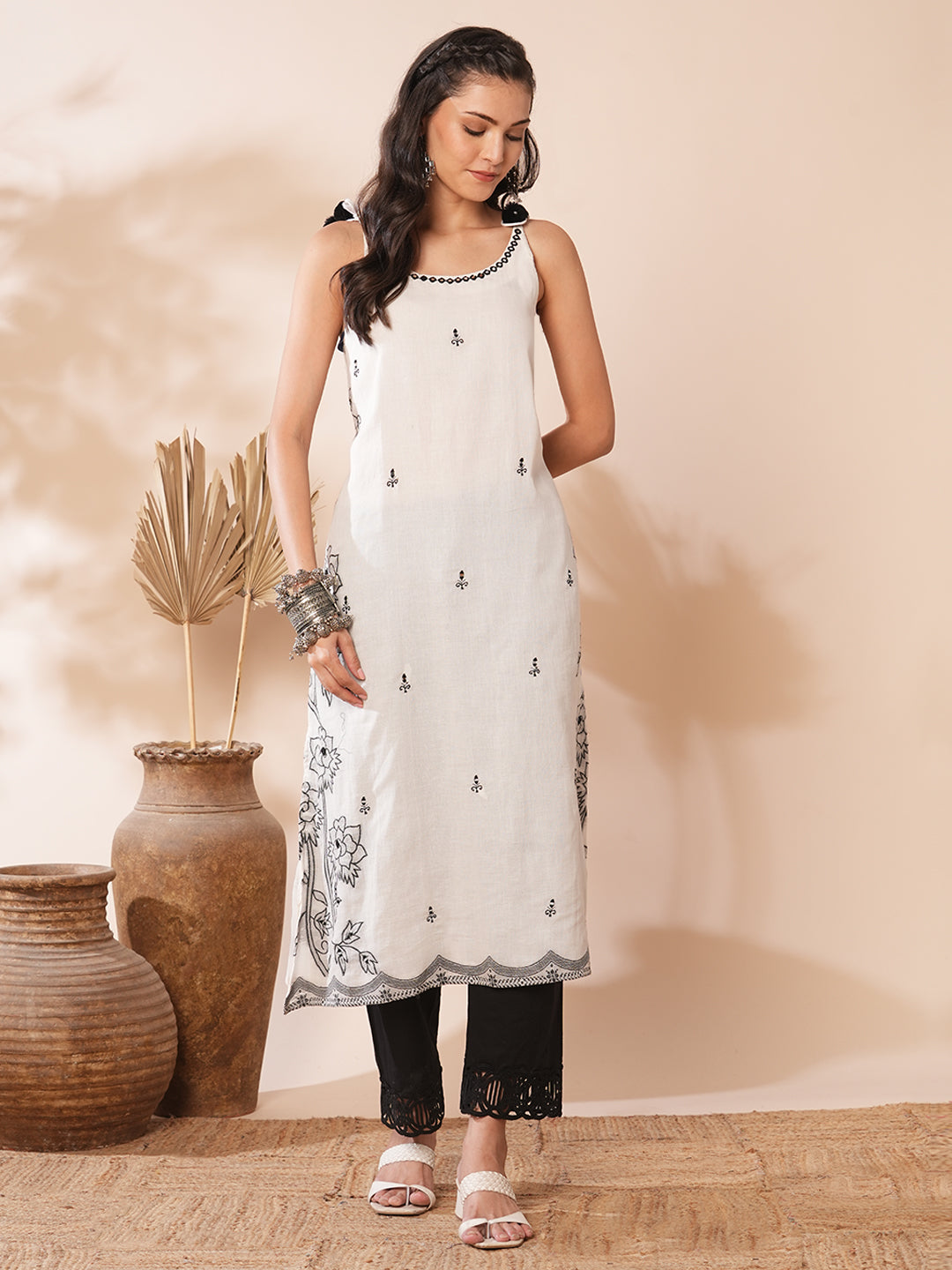 Ethnic Floral Woven A-Line Embroidered Kurta - White
