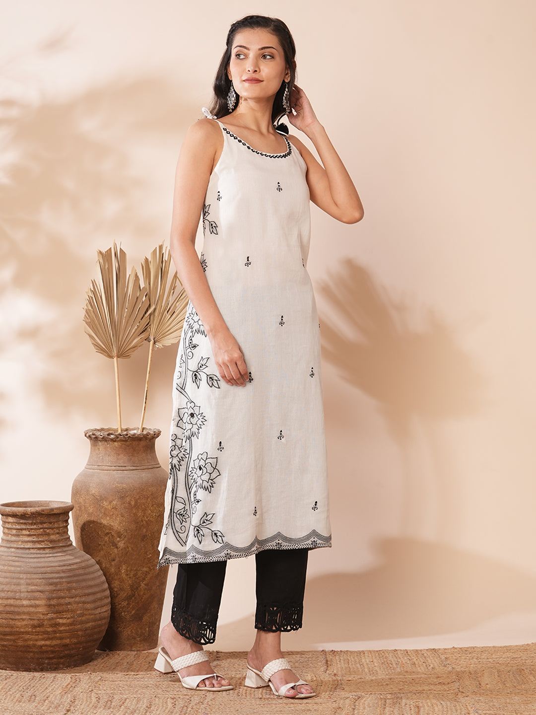 Ethnic Floral Woven A-Line Embroidered Kurta - White